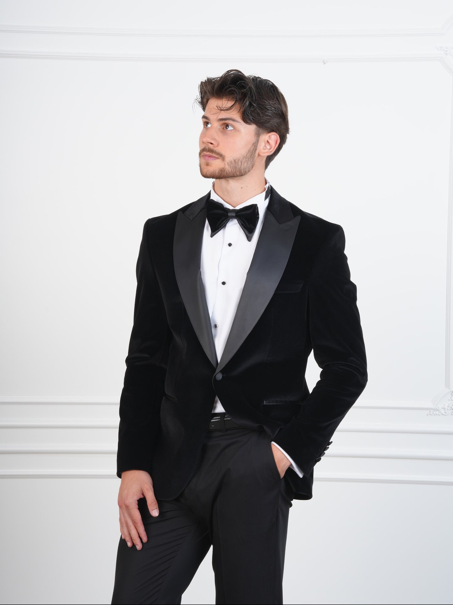 The Onyx – Black Velvet Men’s Tuxedo with Satin Peak Lapel | Groom or Formal Party Suit
