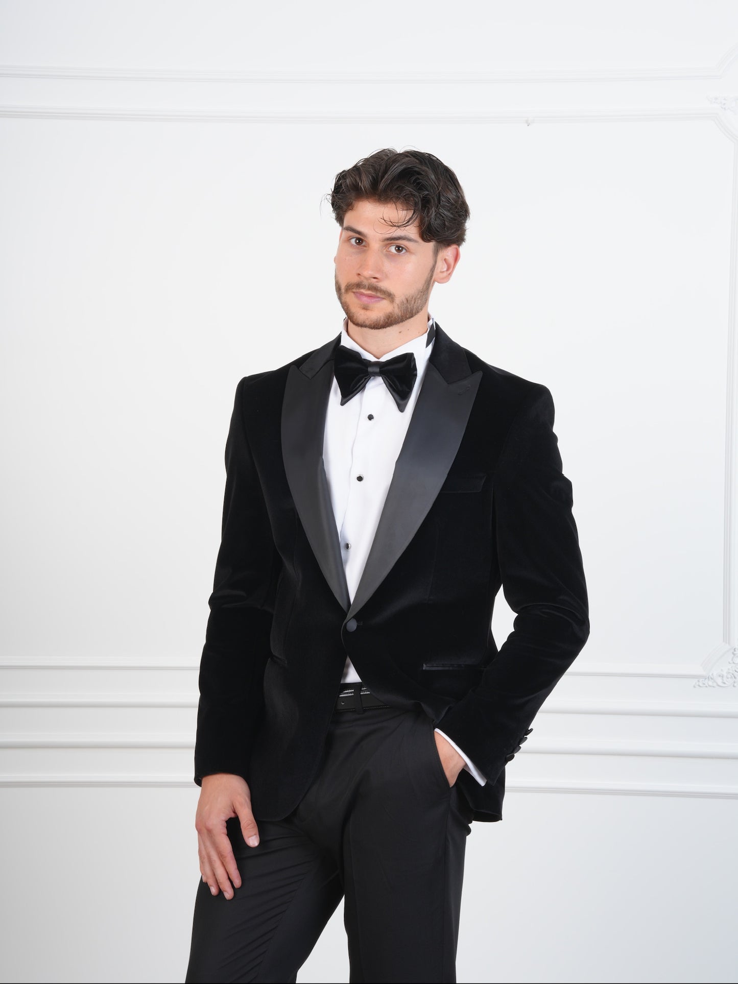 The Onyx – Black Velvet Men’s Tuxedo with Satin Peak Lapel | Groom or Formal Party Suit