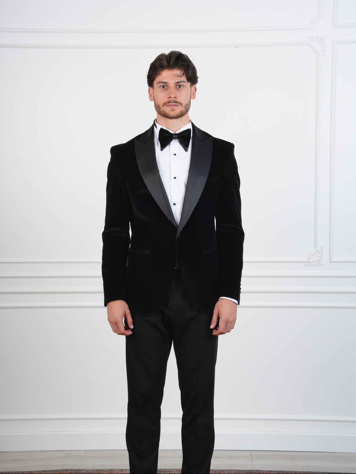 The Onyx – Black Velvet Men’s Tuxedo with Satin Peak Lapel | Groom or Formal Party Suit
