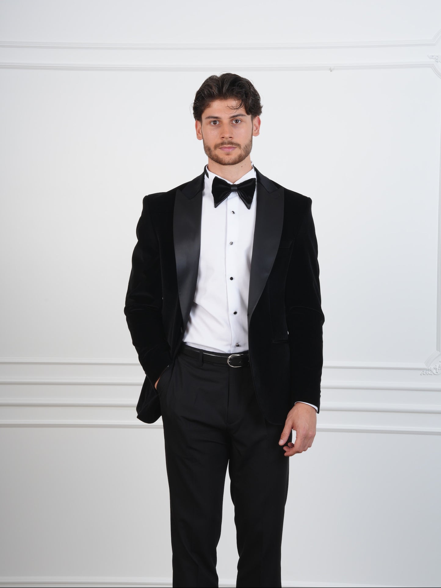 The Onyx – Black Velvet Men’s Tuxedo with Satin Peak Lapel | Groom or Formal Party Suit