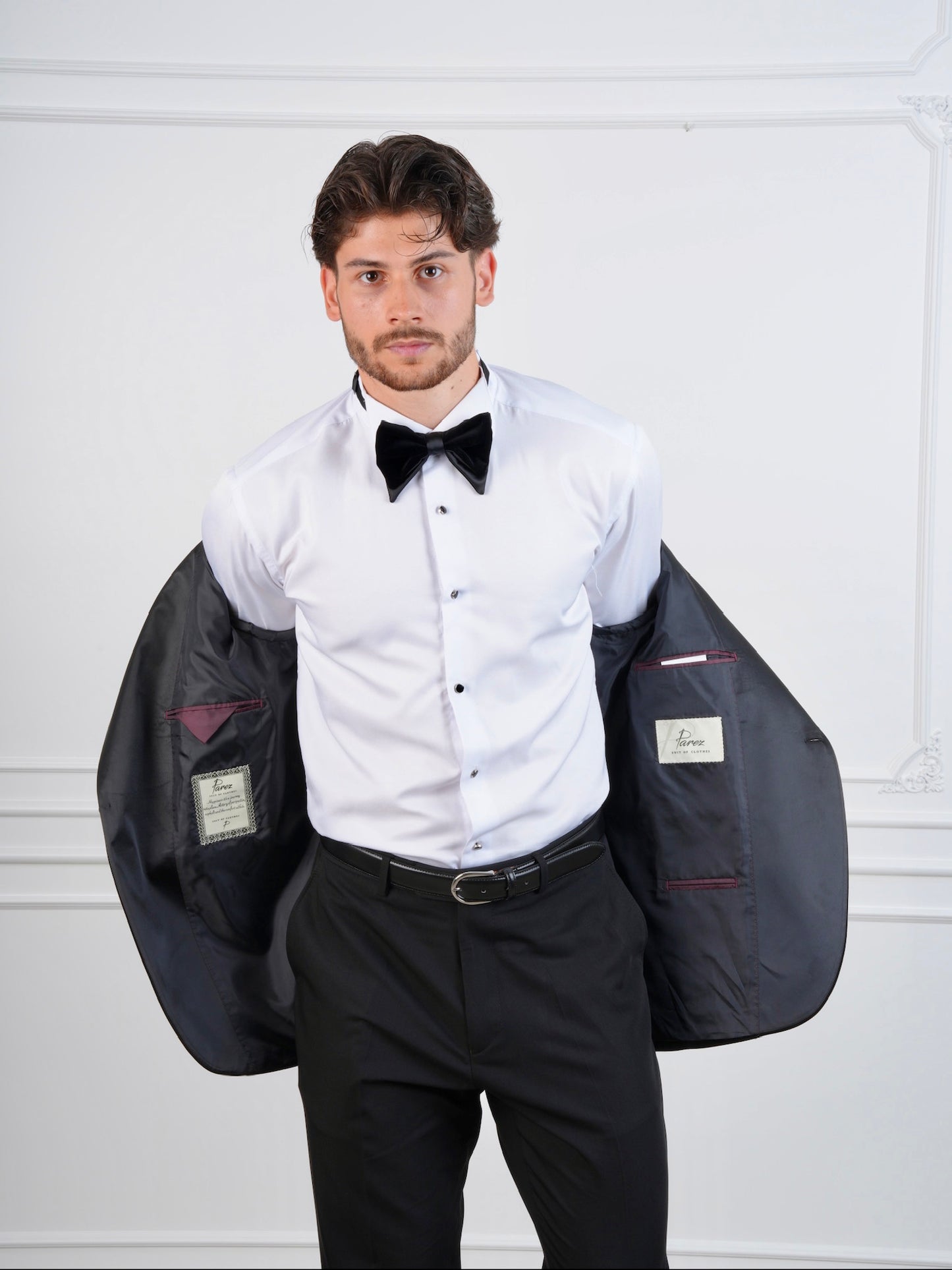 The Bordeaux Crest – Burgundy Velvet Groom Tuxedo with Black Satin Wide Lapel & Bow Tie