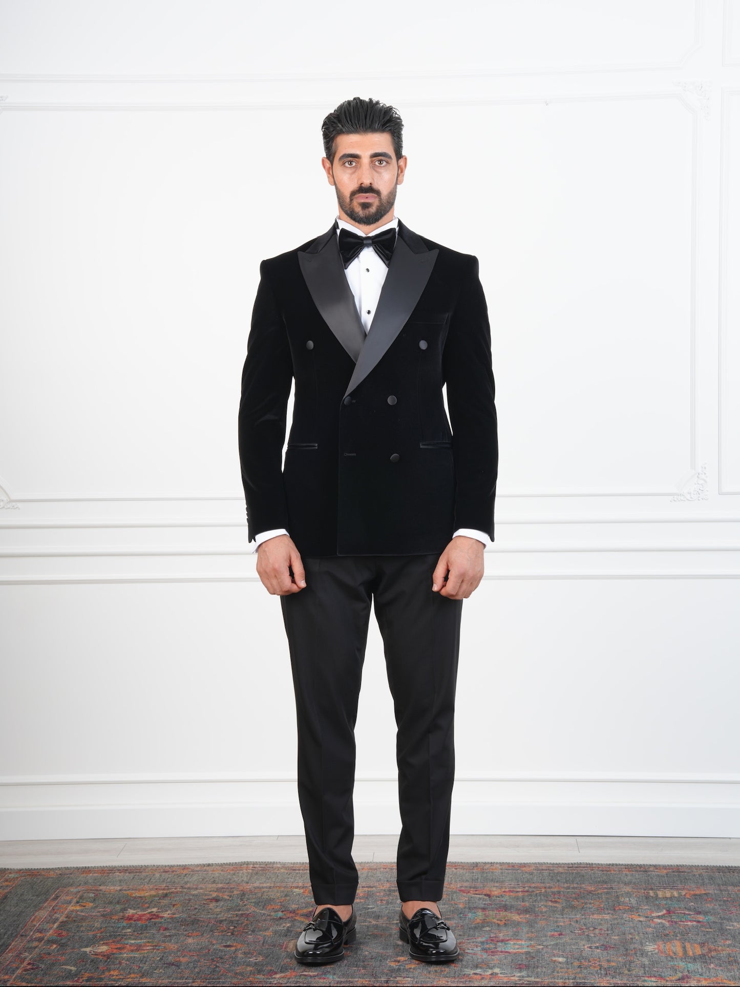 The Regency – Classic Black Velvet Double-Breasted Tuxedo with Satin Details