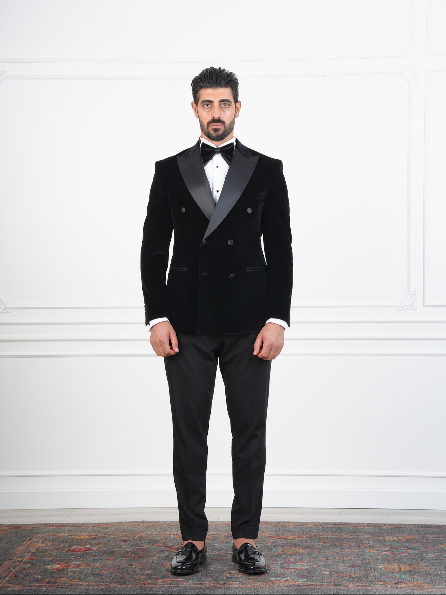 The Regency – Classic Black Velvet Double-Breasted Tuxedo with Satin Details