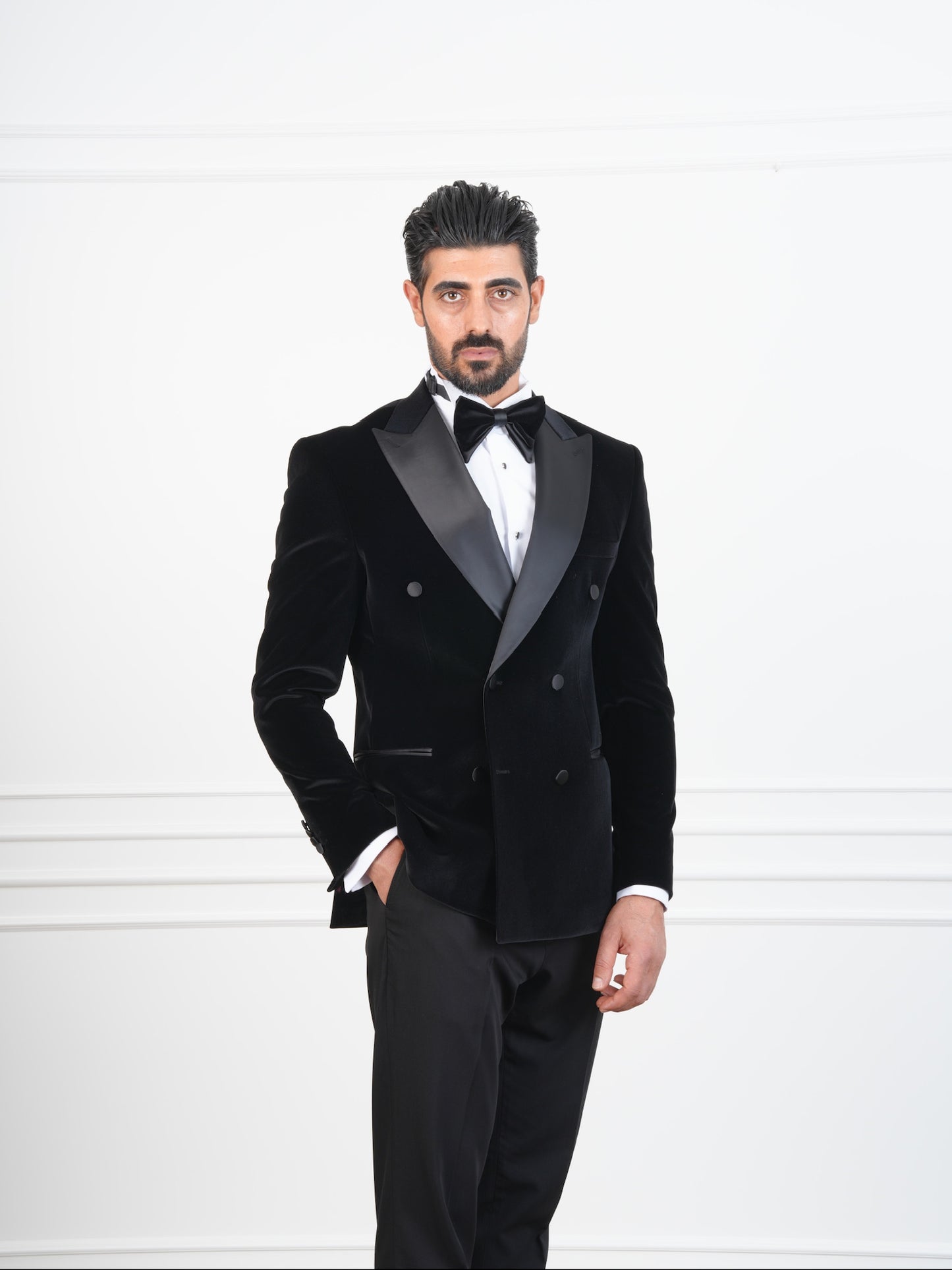 The Regency – Classic Black Velvet Double-Breasted Tuxedo with Satin Details