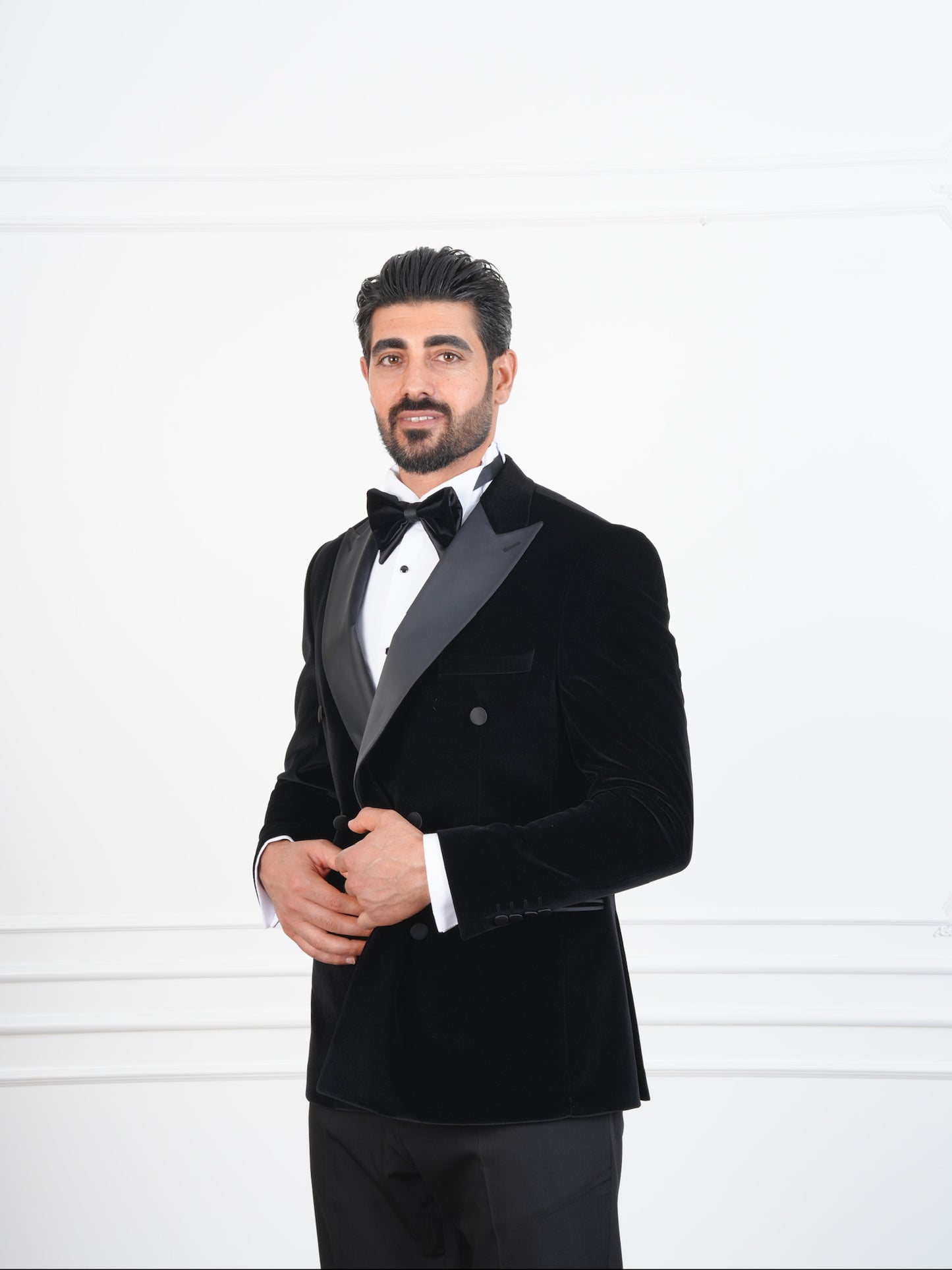 The Regency – Classic Black Velvet Double-Breasted Tuxedo with Satin Details