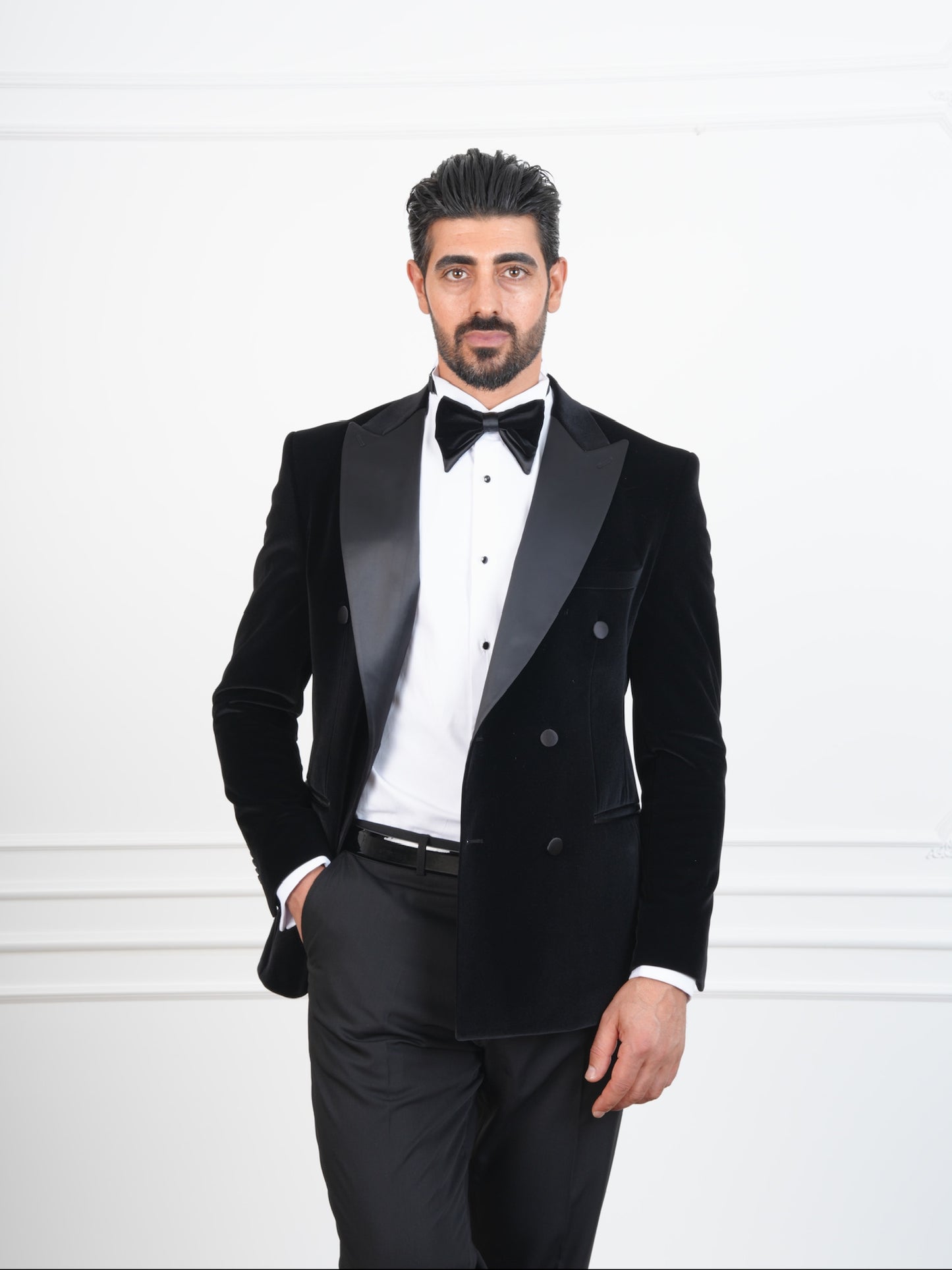 The Regency – Classic Black Velvet Double-Breasted Tuxedo with Satin Details