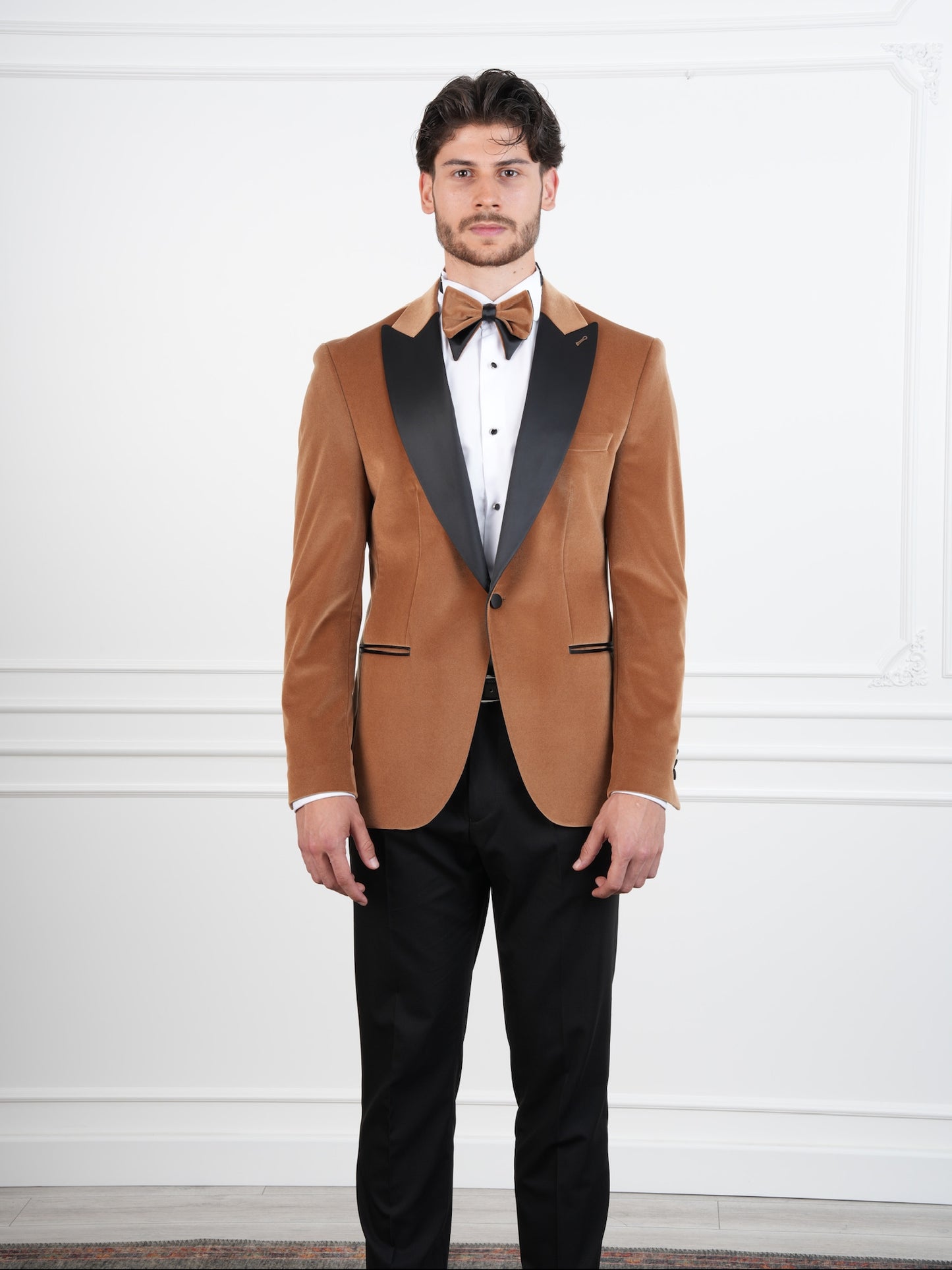 The Regent – Golden Brown Velvet Tuxedo with Black Satin Peak Lapel & Matching Bow Tie