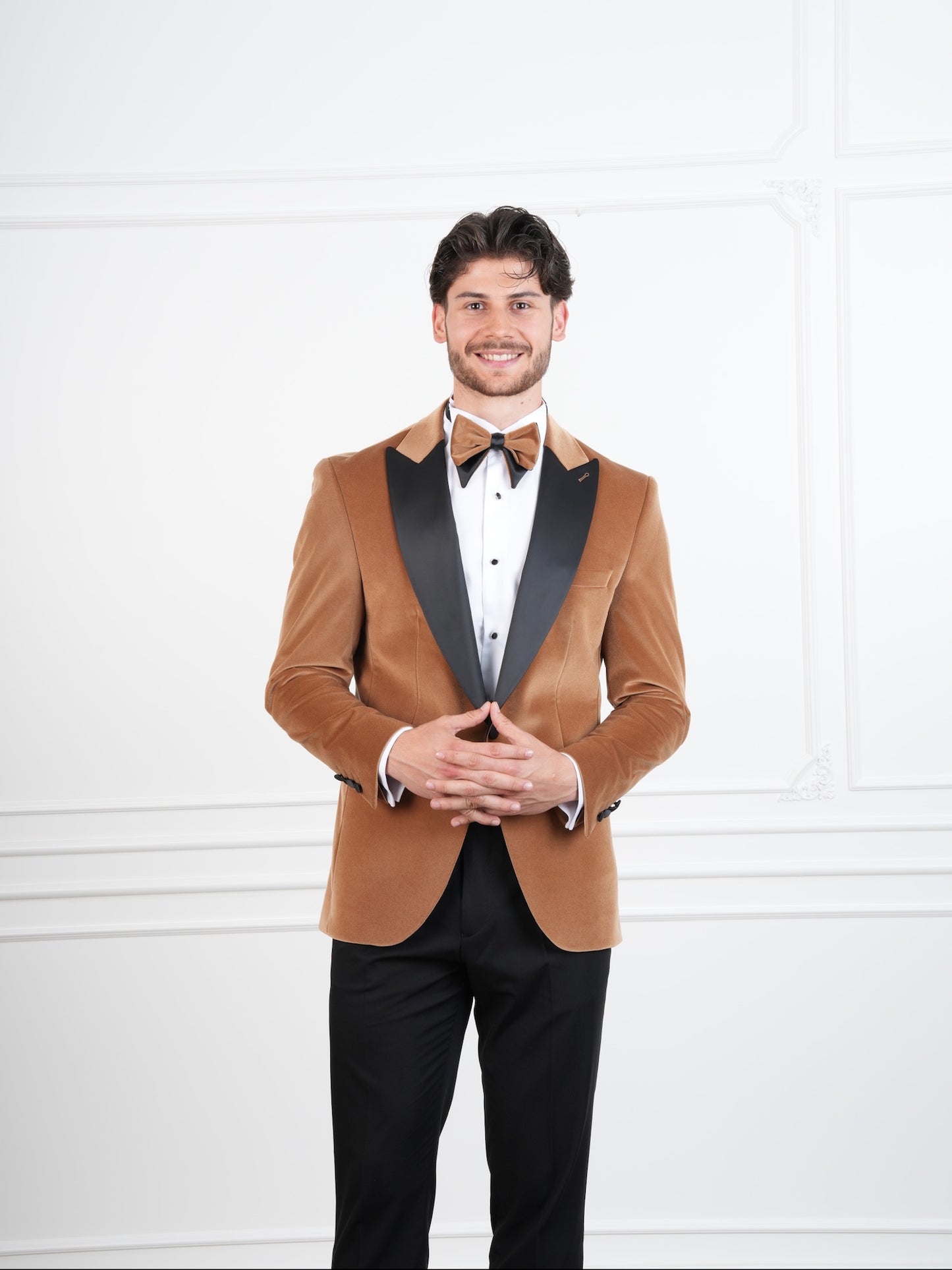 The Regent – Golden Brown Velvet Tuxedo with Black Satin Peak Lapel & Matching Bow Tie