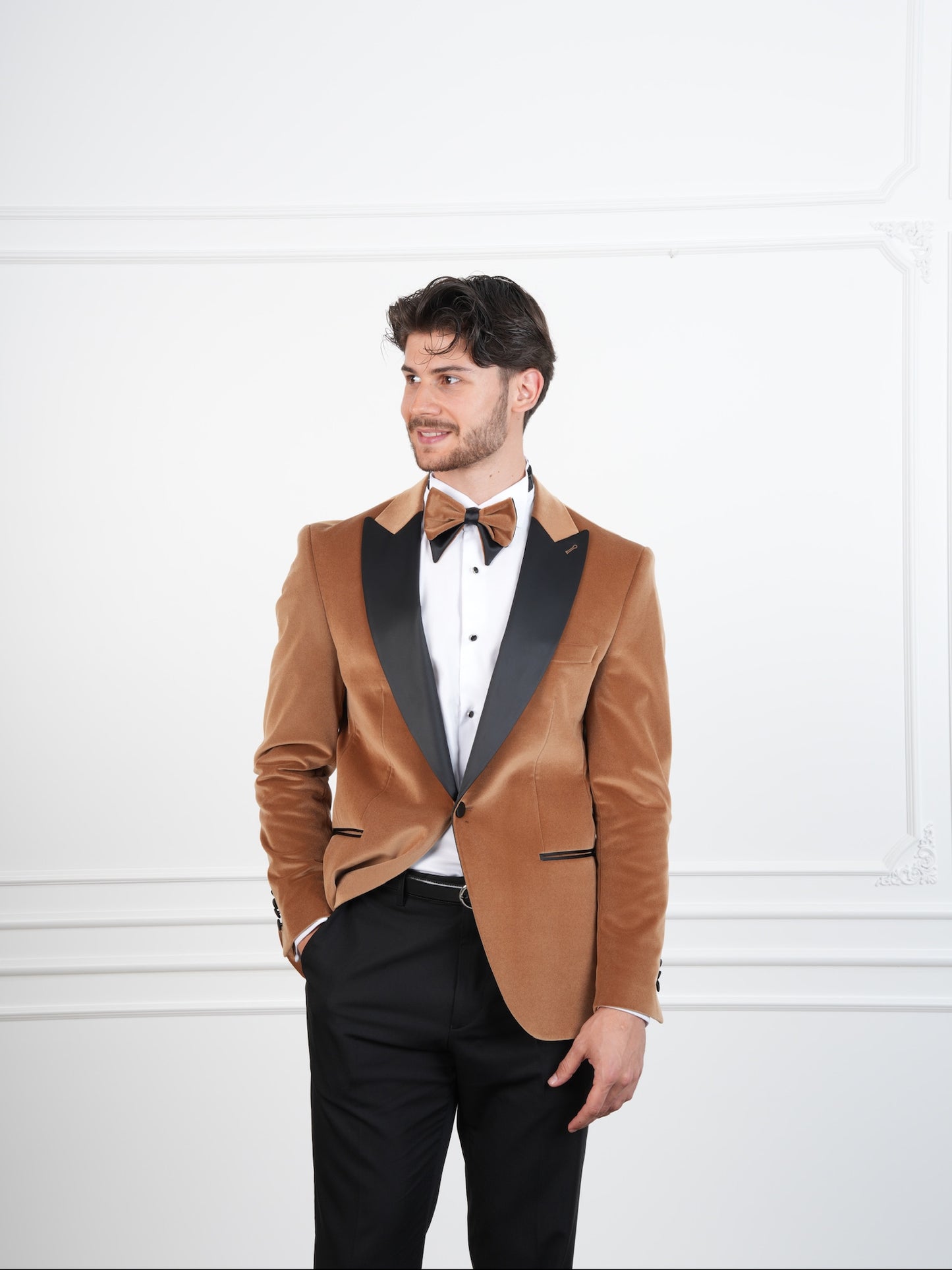The Regent – Golden Brown Velvet Tuxedo with Black Satin Peak Lapel & Matching Bow Tie