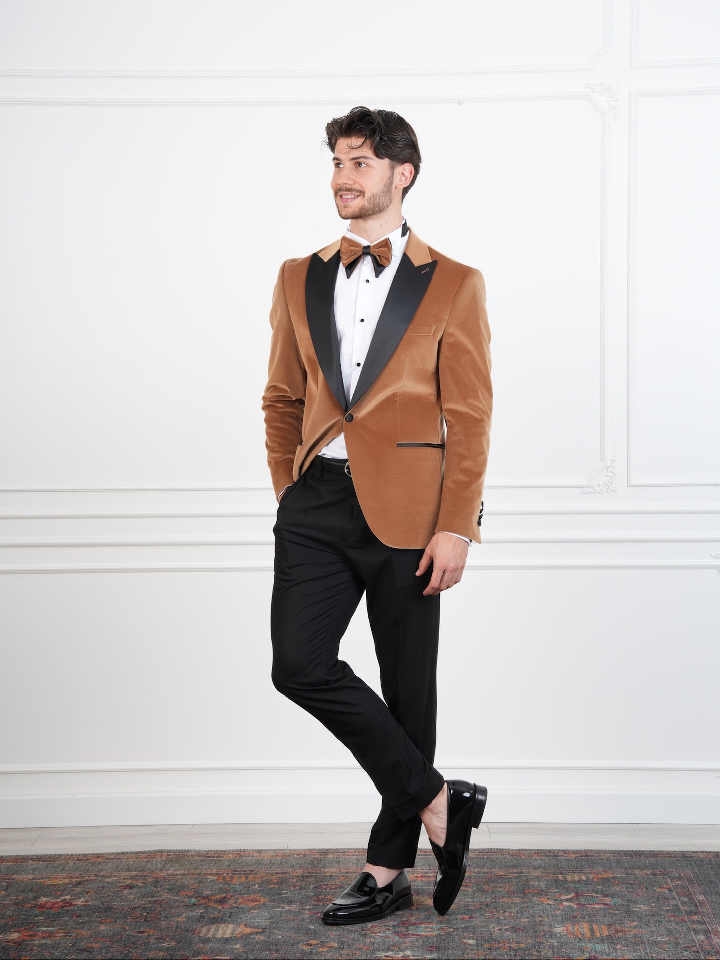 The Regent – Golden Brown Velvet Tuxedo with Black Satin Peak Lapel & Matching Bow Tie