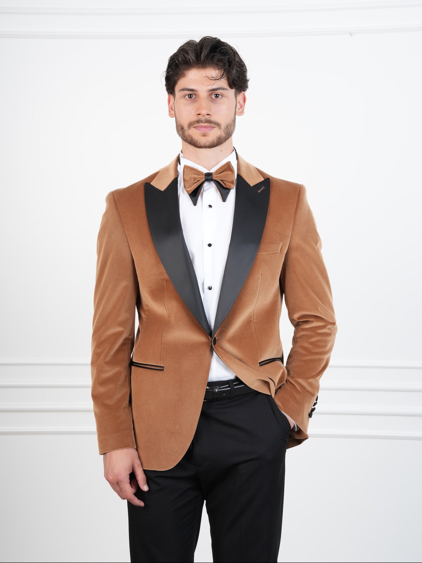 The Regent – Golden Brown Velvet Tuxedo with Black Satin Peak Lapel & Matching Bow Tie