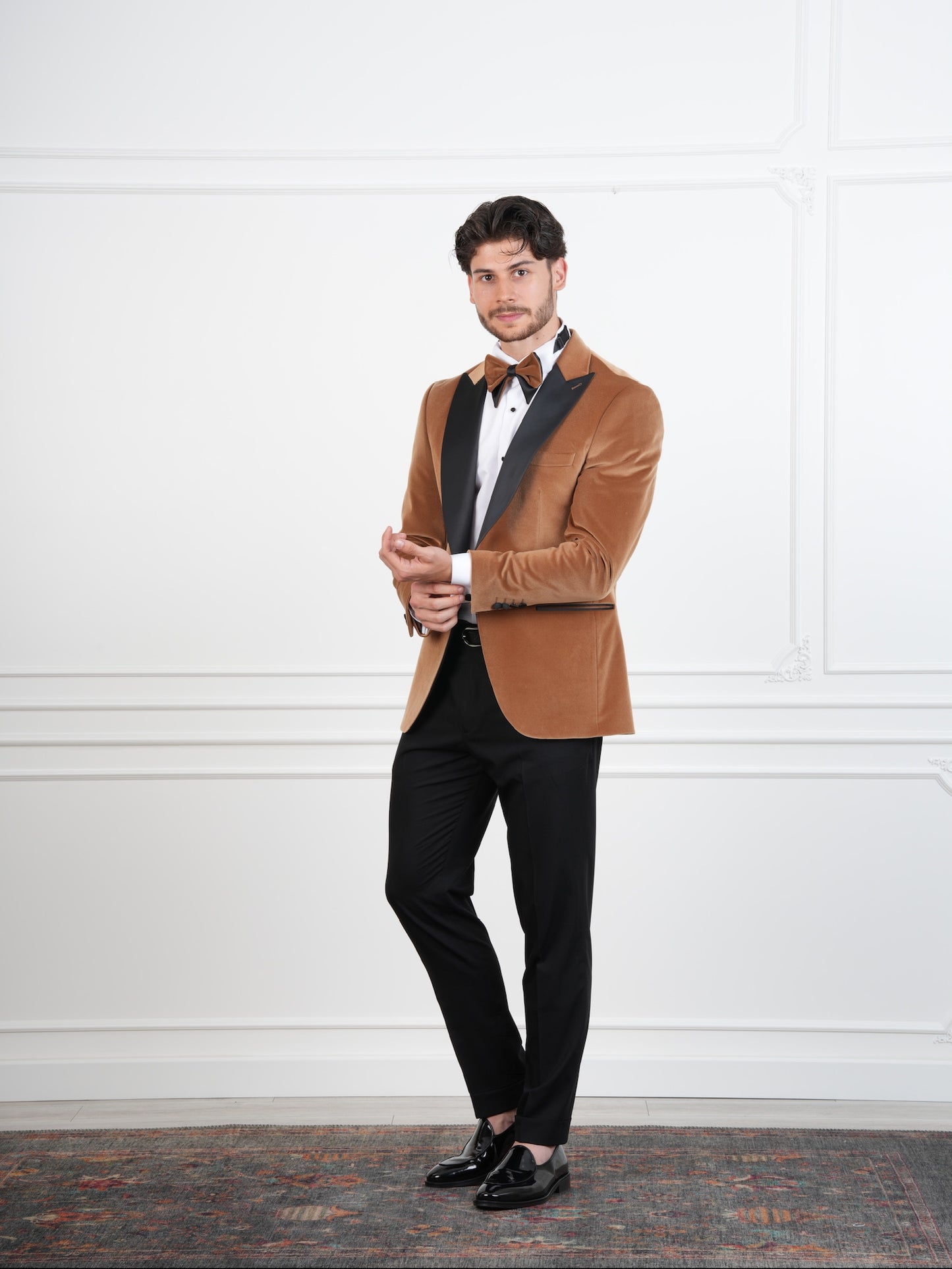 The Regent – Golden Brown Velvet Tuxedo with Black Satin Peak Lapel & Matching Bow Tie