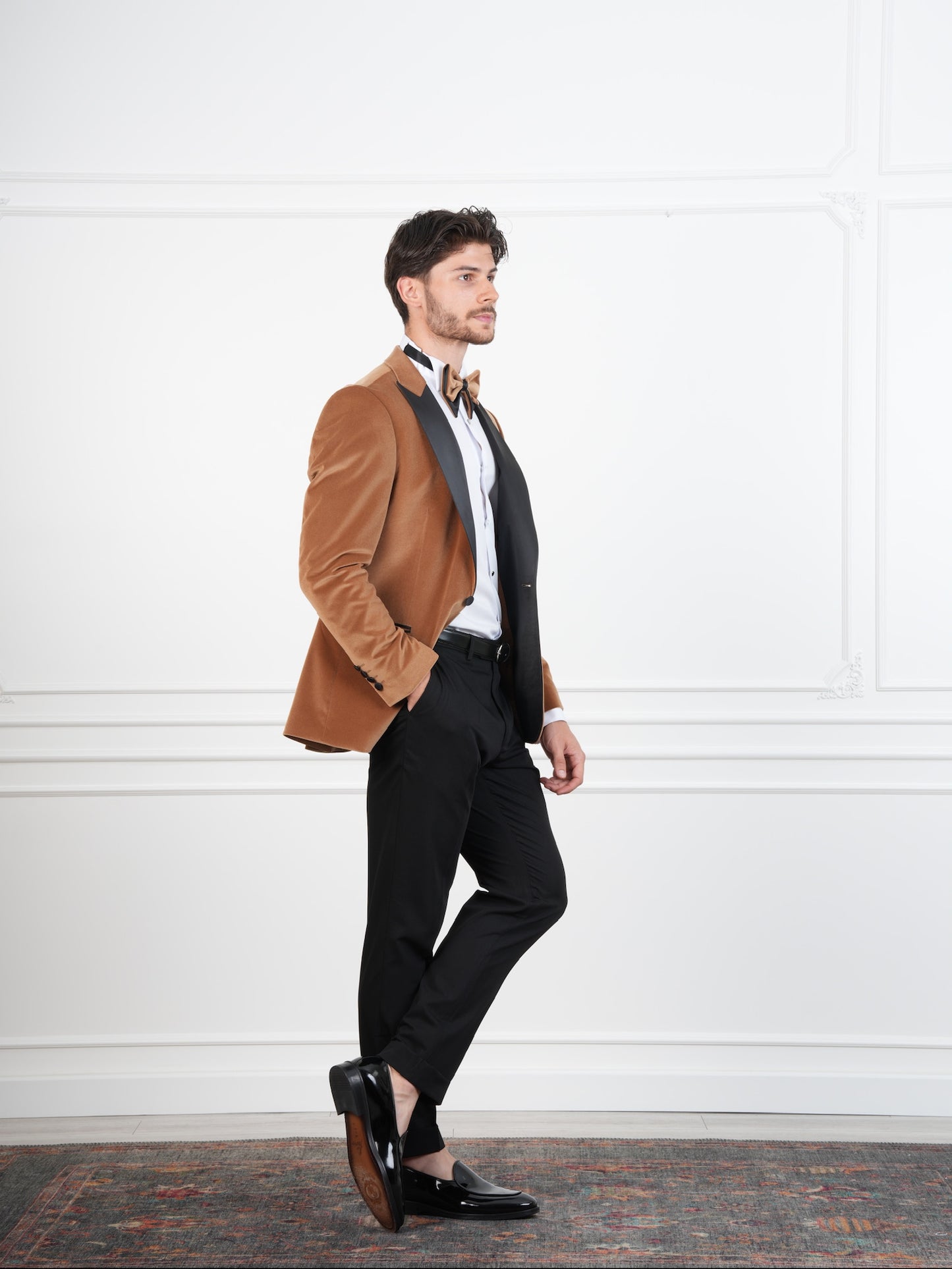 The Regent – Golden Brown Velvet Tuxedo with Black Satin Peak Lapel & Matching Bow Tie