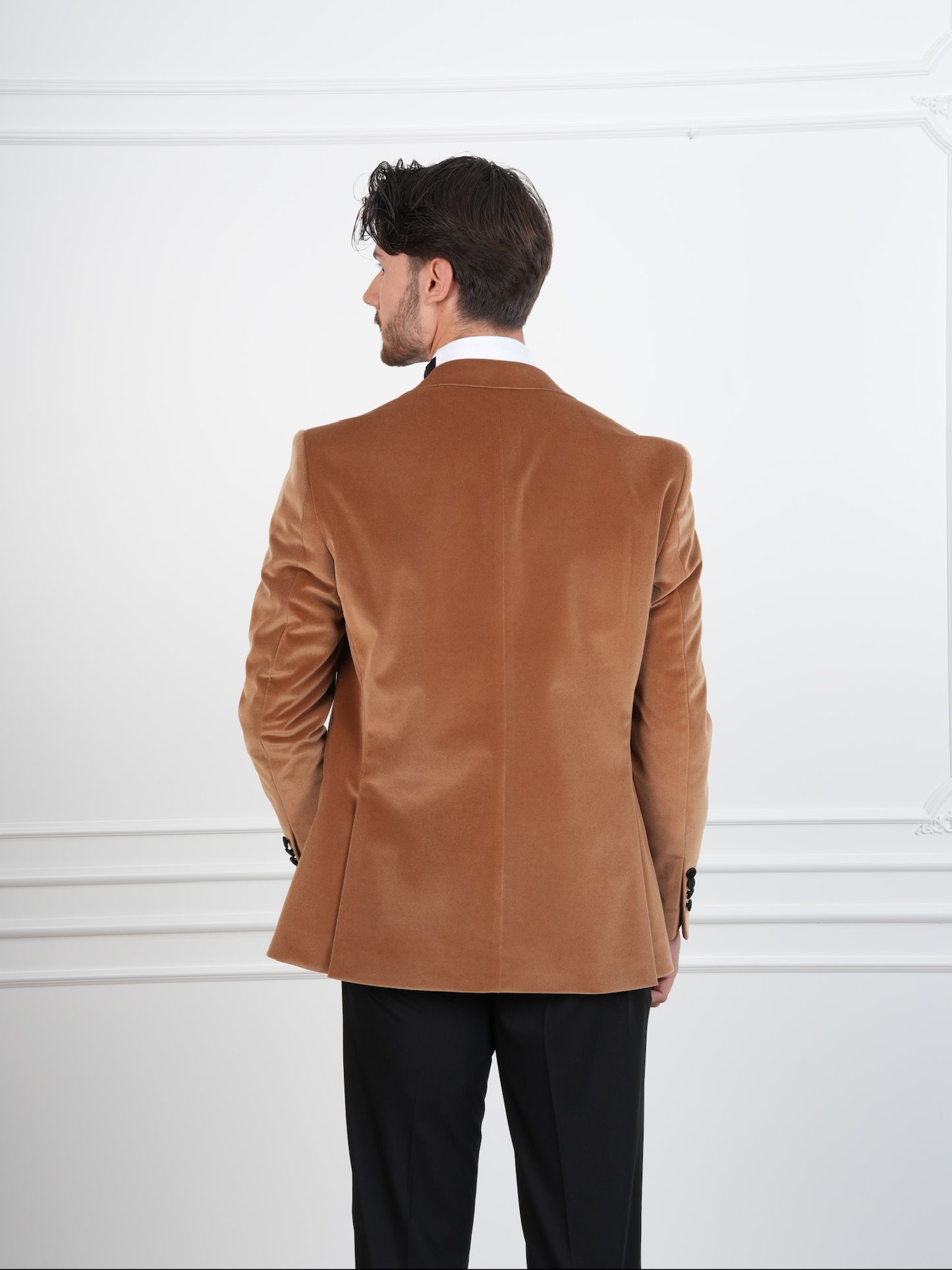 The Regent – Golden Brown Velvet Tuxedo with Black Satin Peak Lapel & Matching Bow Tie