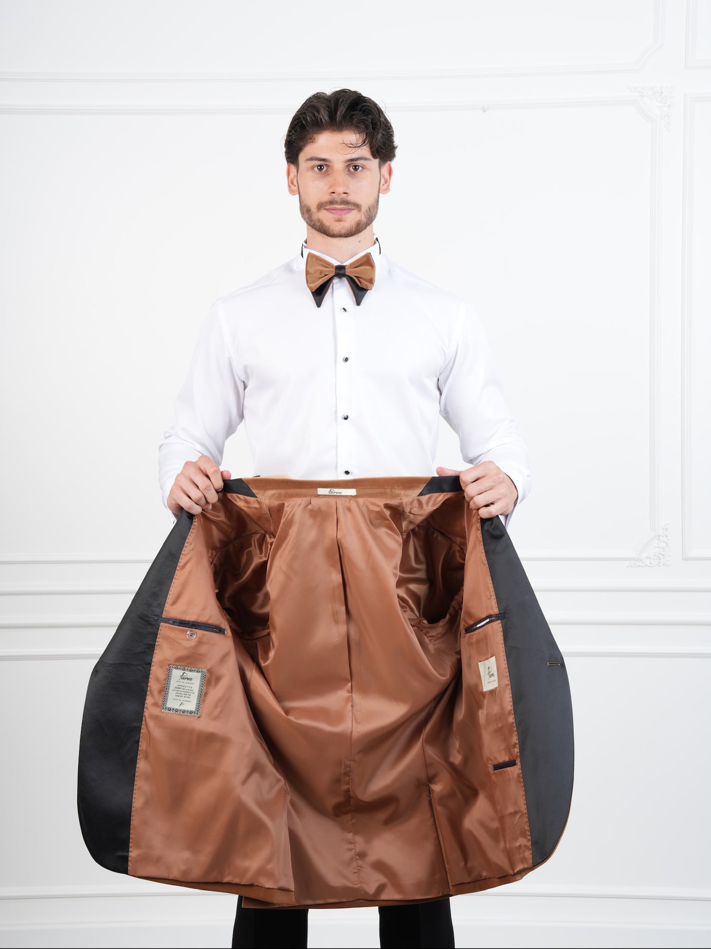 The Regent – Golden Brown Velvet Tuxedo with Black Satin Peak Lapel & Matching Bow Tie