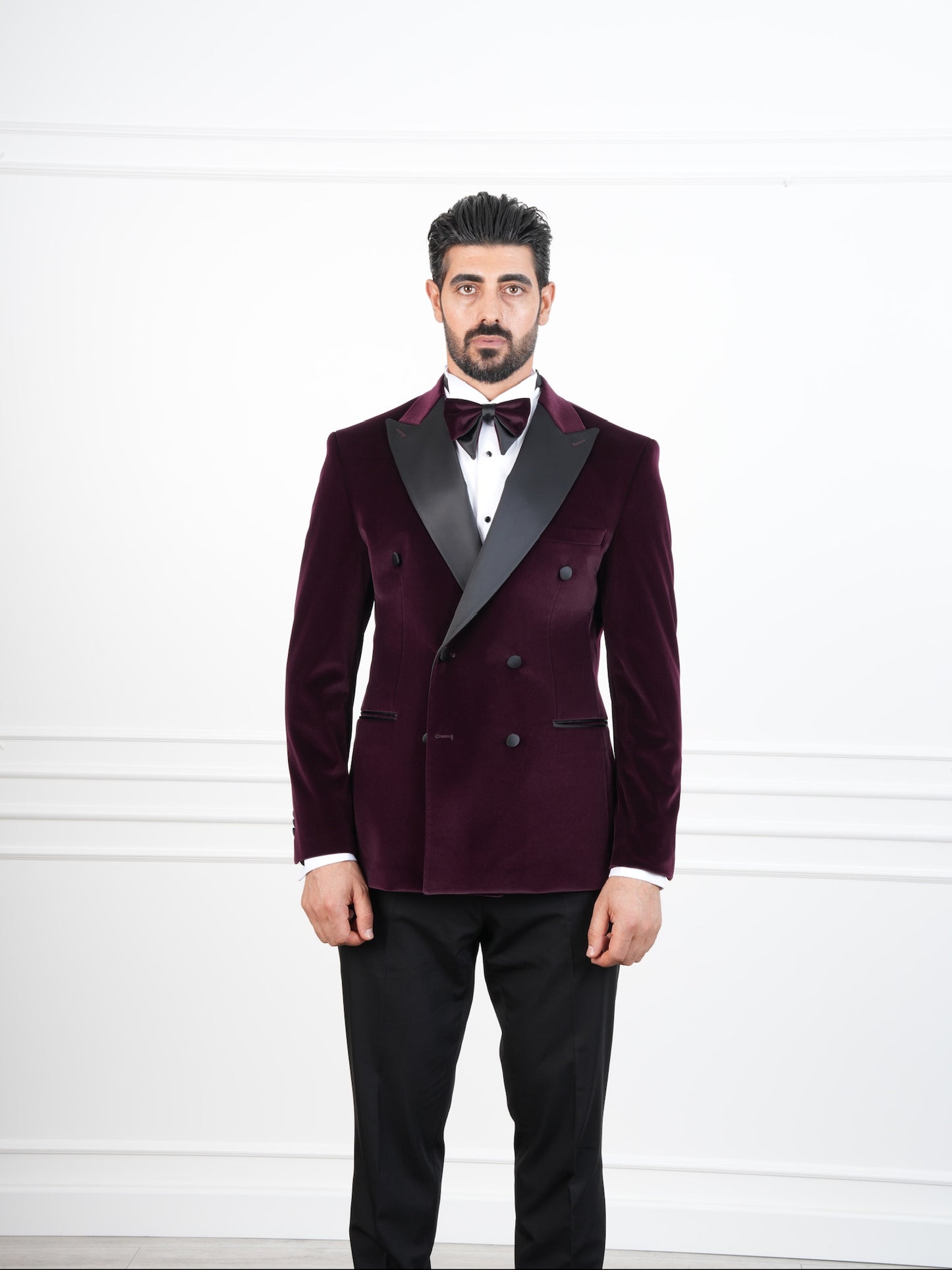 The Novello – Wine Velvet Double-Breasted Tuxedo with Satin Peak Lapel and Bow Tie