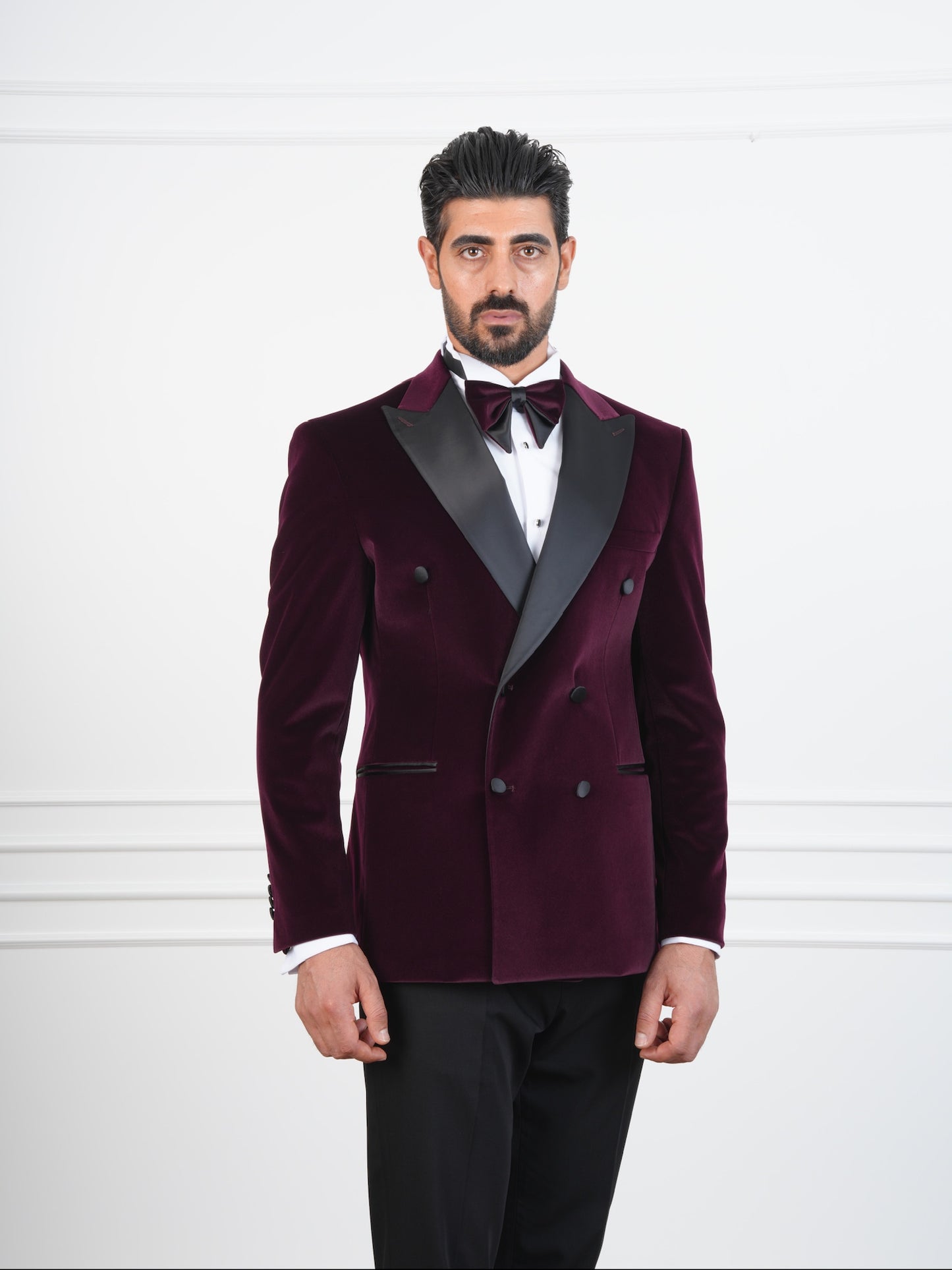 The Novello – Wine Velvet Double-Breasted Tuxedo with Satin Peak Lapel and Bow Tie