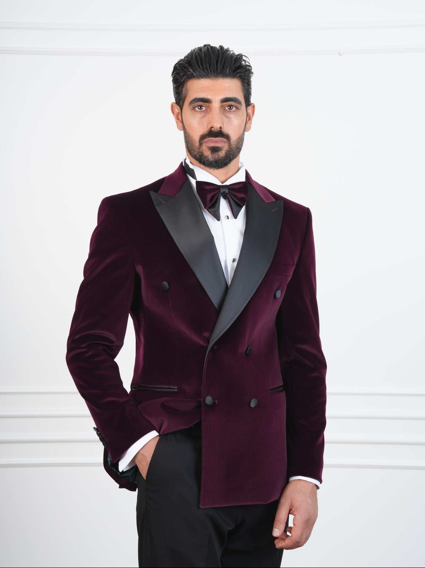 The Novello – Wine Velvet Double-Breasted Tuxedo with Satin Peak Lapel and Bow Tie