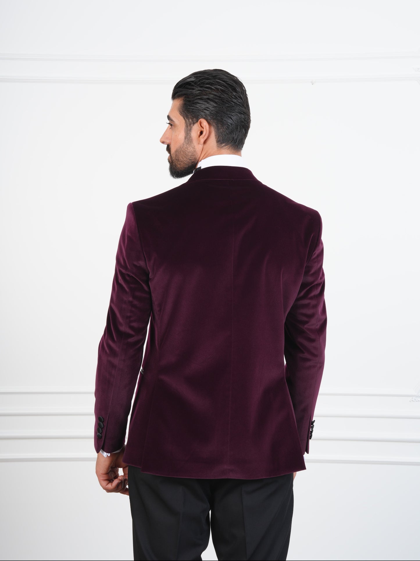 The Novello – Wine Velvet Double-Breasted Tuxedo with Satin Peak Lapel and Bow Tie
