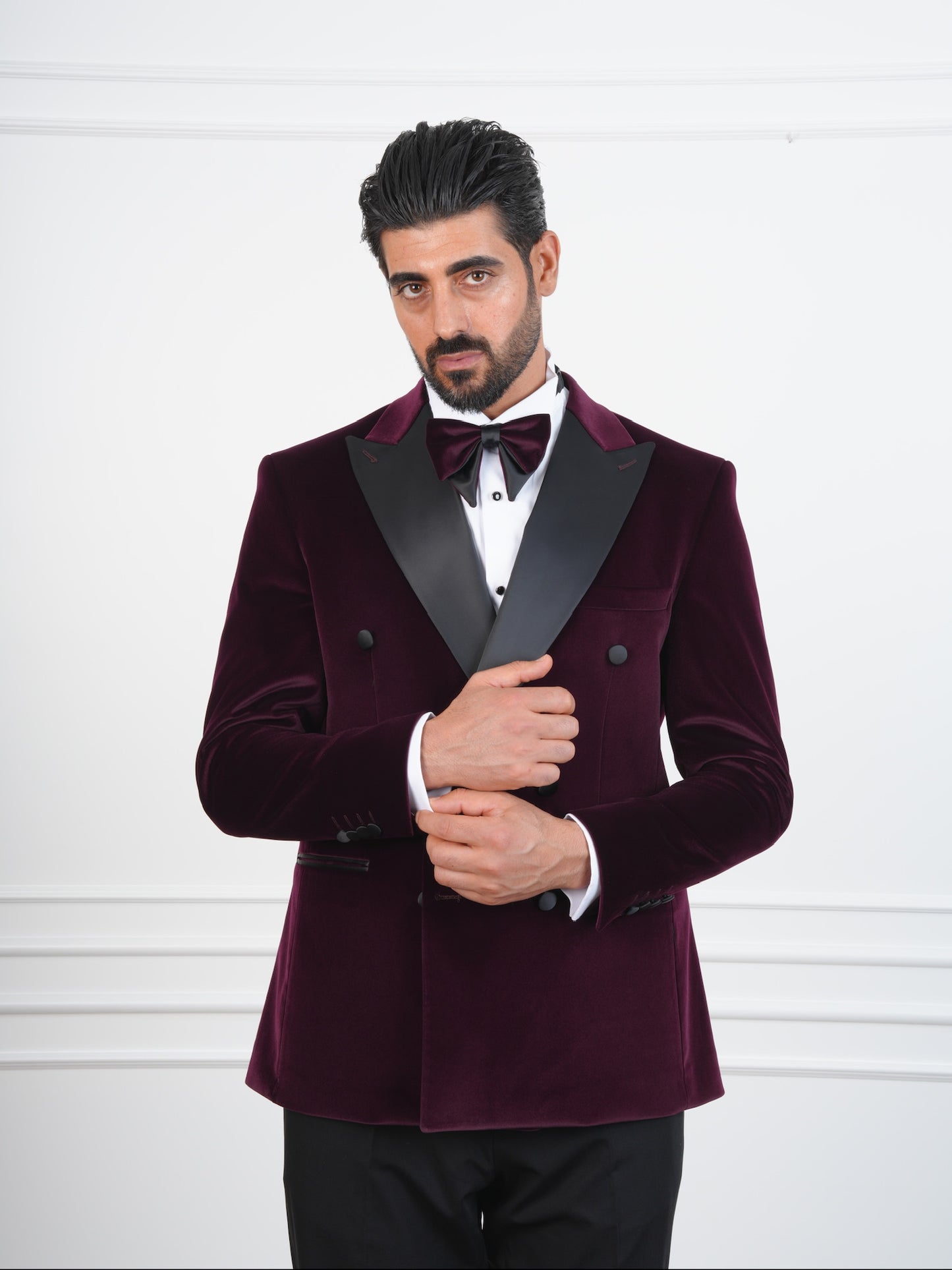 The Novello – Wine Velvet Double-Breasted Tuxedo with Satin Peak Lapel and Bow Tie