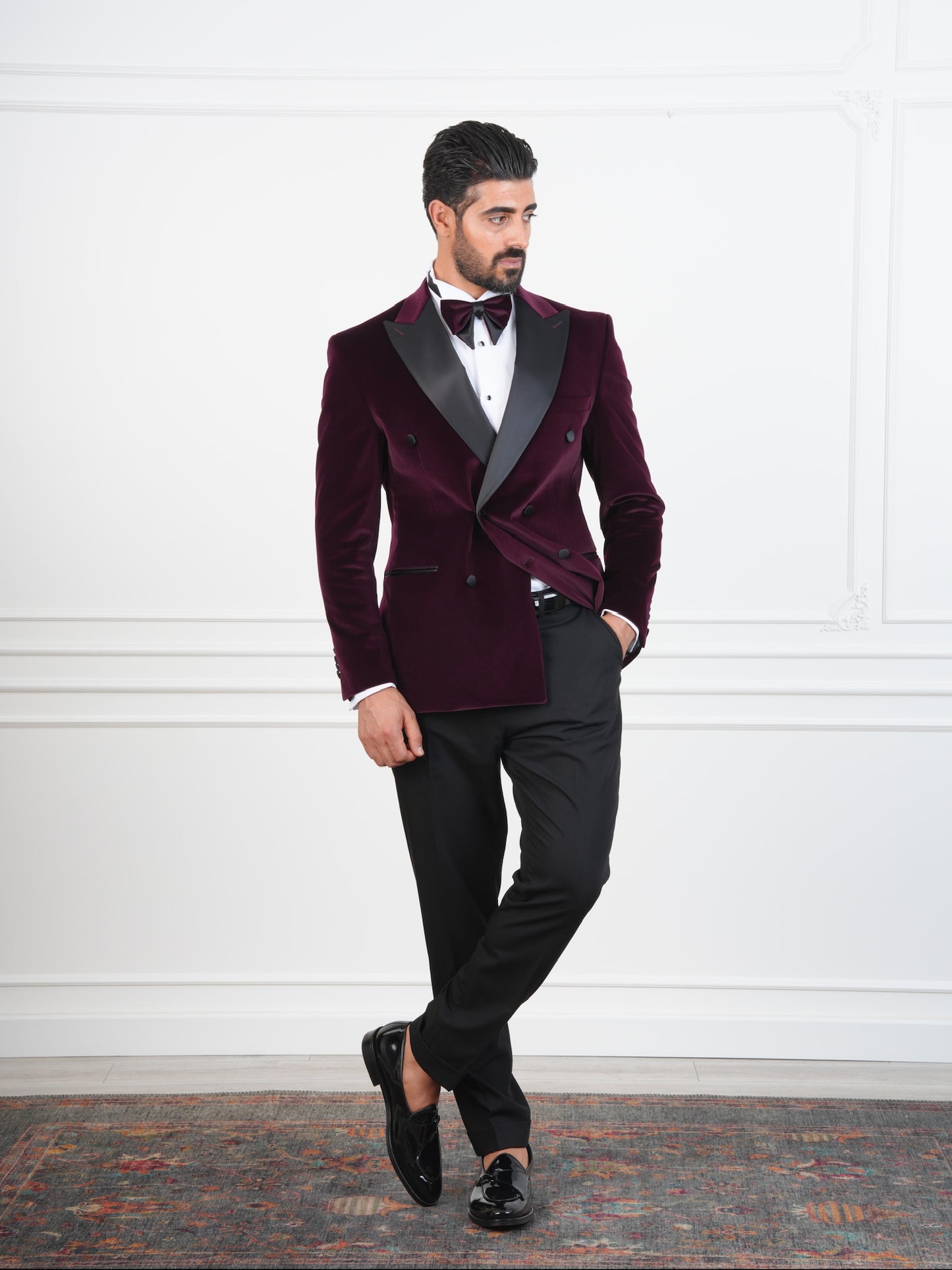 The Novello – Wine Velvet Double-Breasted Tuxedo with Satin Peak Lapel and Bow Tie