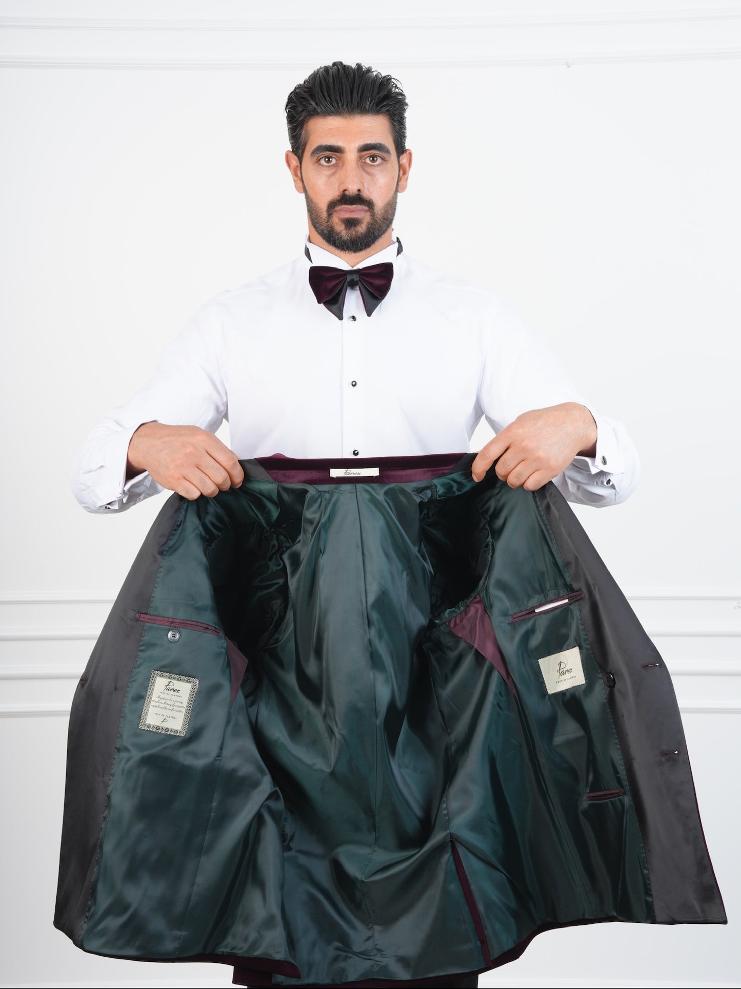 The Novello – Wine Velvet Double-Breasted Tuxedo with Satin Peak Lapel and Bow Tie