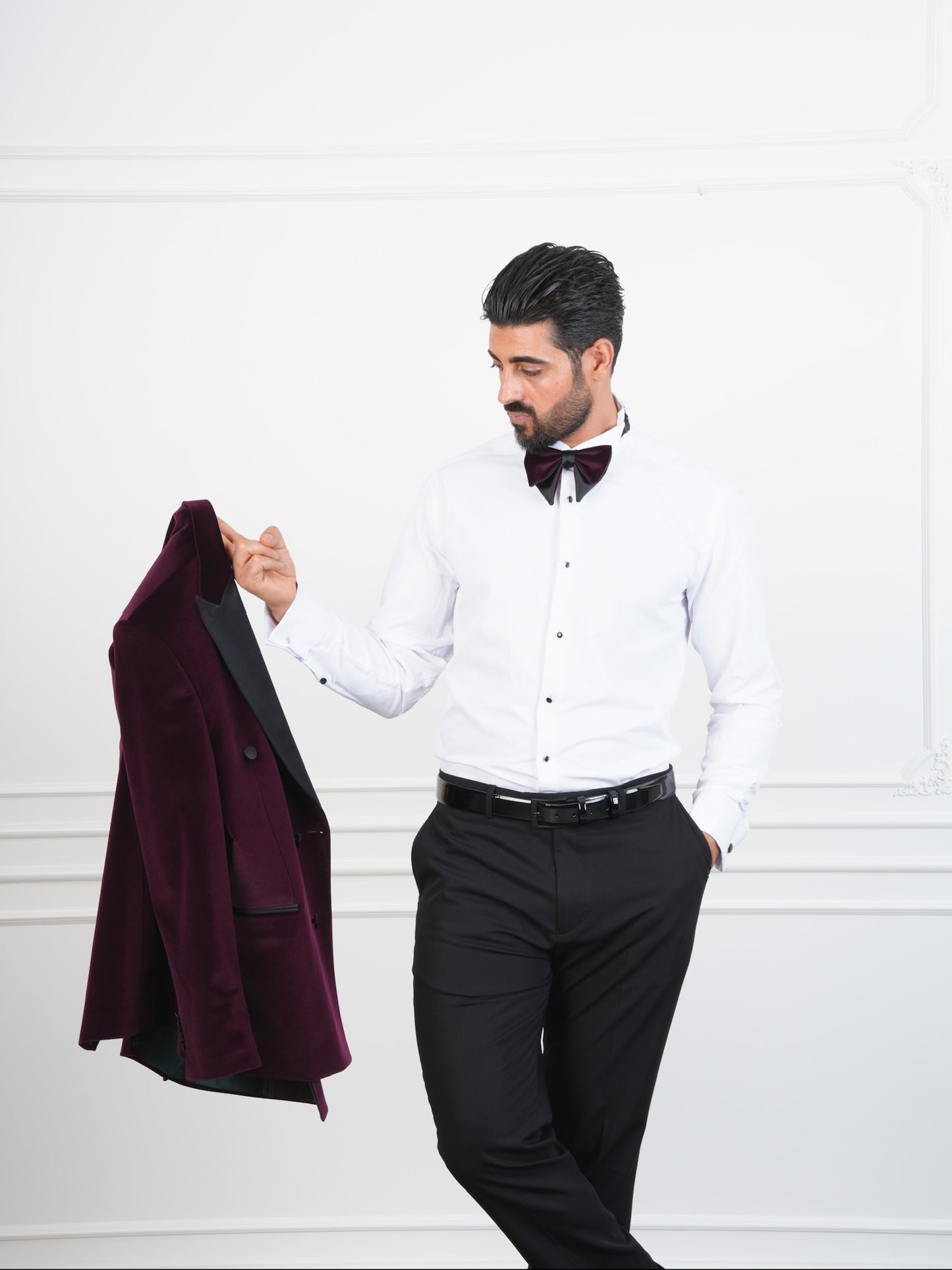 The Novello – Wine Velvet Double-Breasted Tuxedo with Satin Peak Lapel and Bow Tie