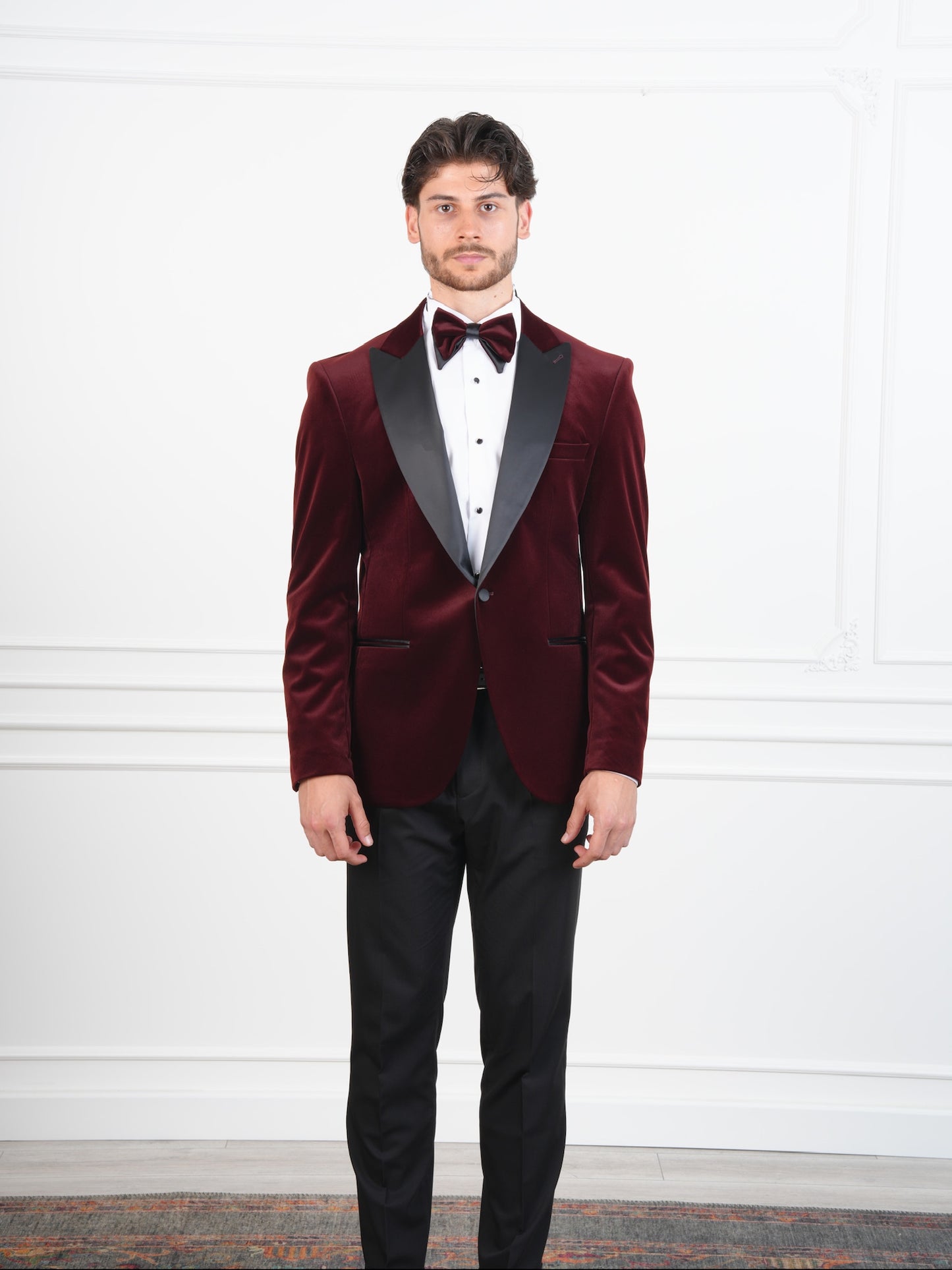 The Bordeaux Crest – Burgundy Velvet Groom Tuxedo with Black Satin Wide Lapel & Bow Tie