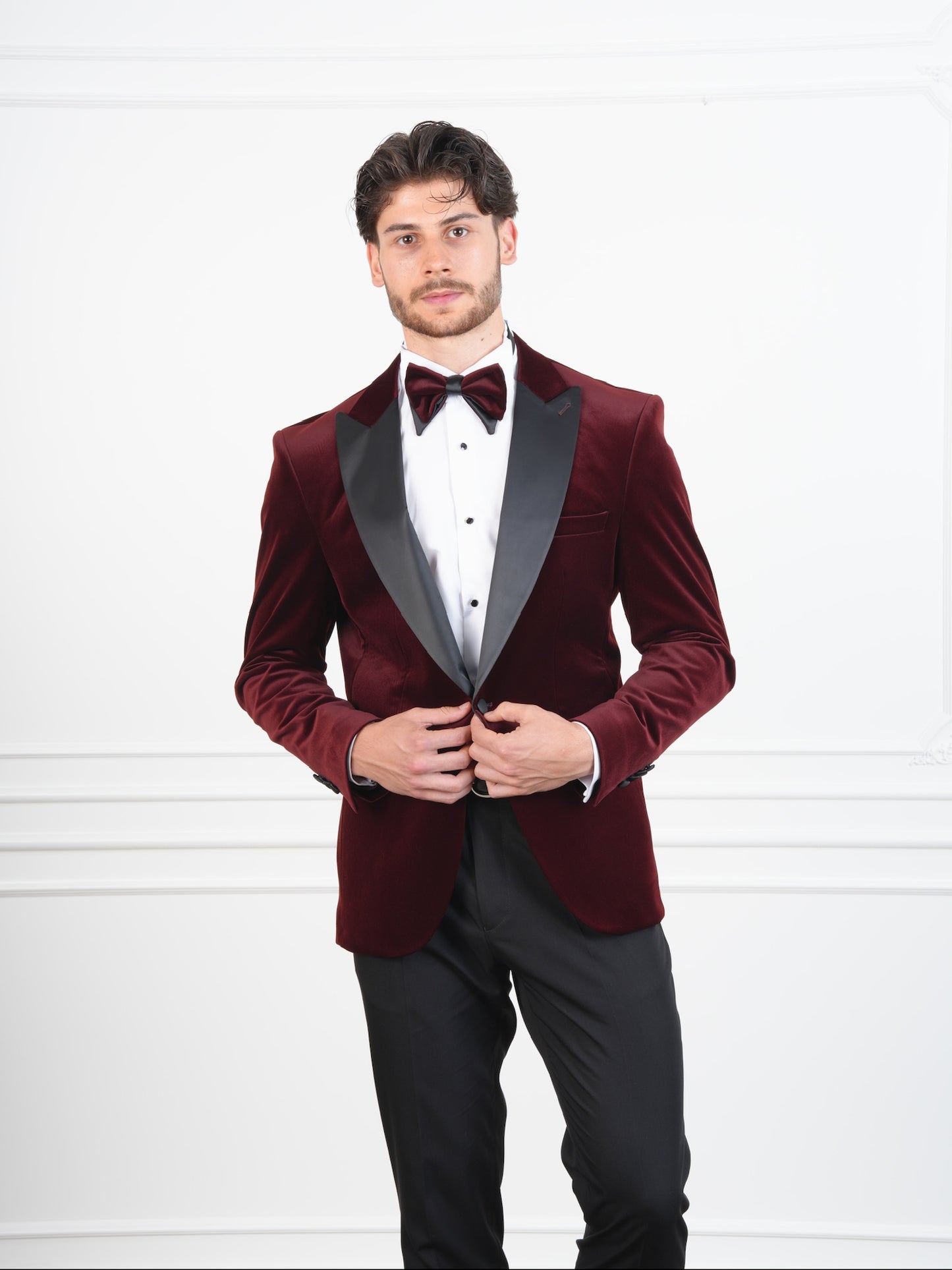The Bordeaux Crest – Burgundy Velvet Groom Tuxedo with Black Satin Wide Lapel & Bow Tie