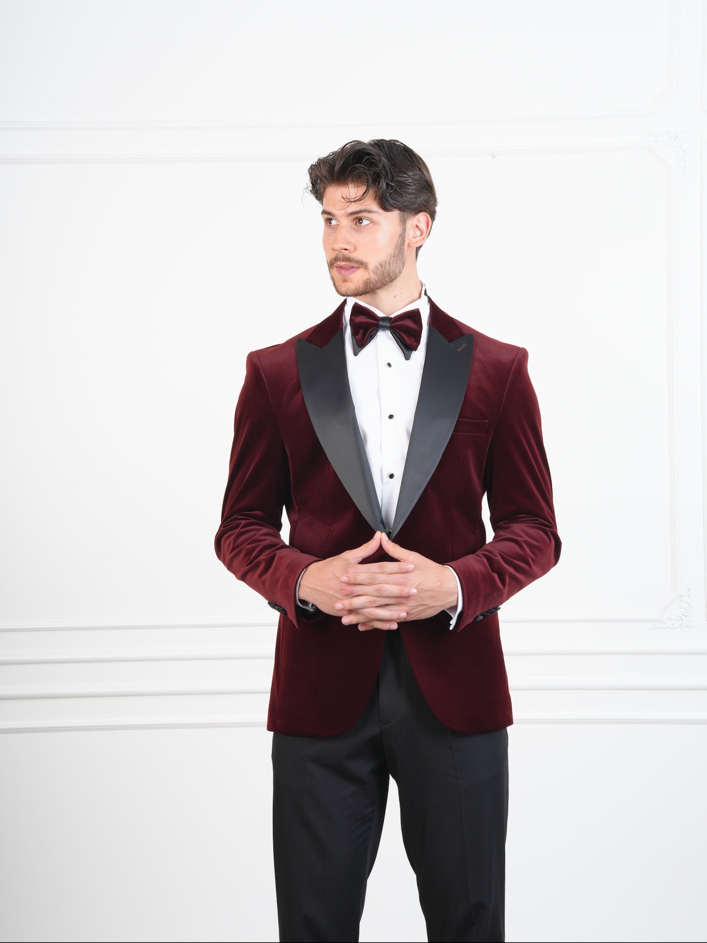 The Bordeaux Crest – Burgundy Velvet Groom Tuxedo with Black Satin Wide Lapel & Bow Tie