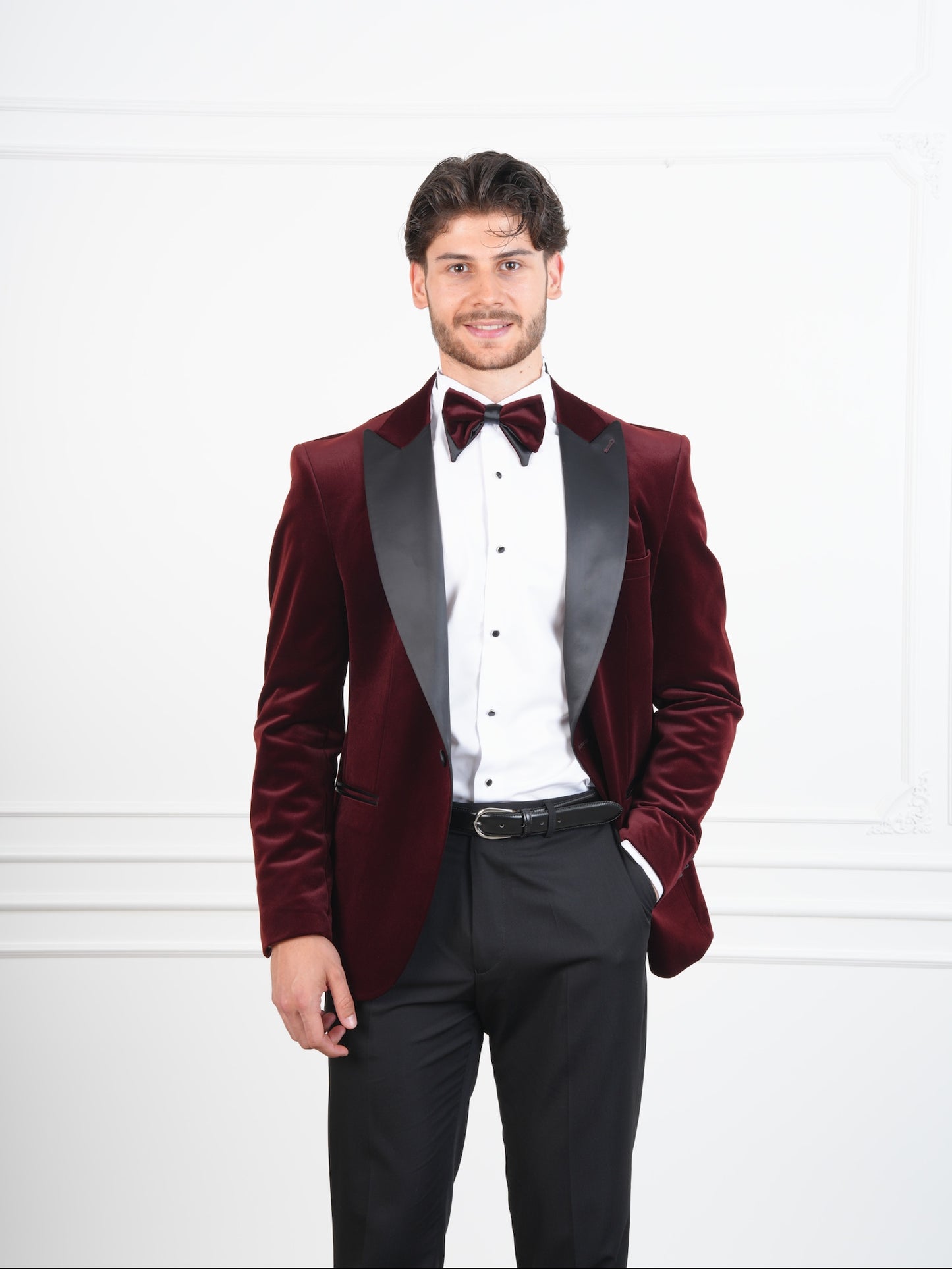 The Bordeaux Crest – Burgundy Velvet Groom Tuxedo with Black Satin Wide Lapel & Bow Tie