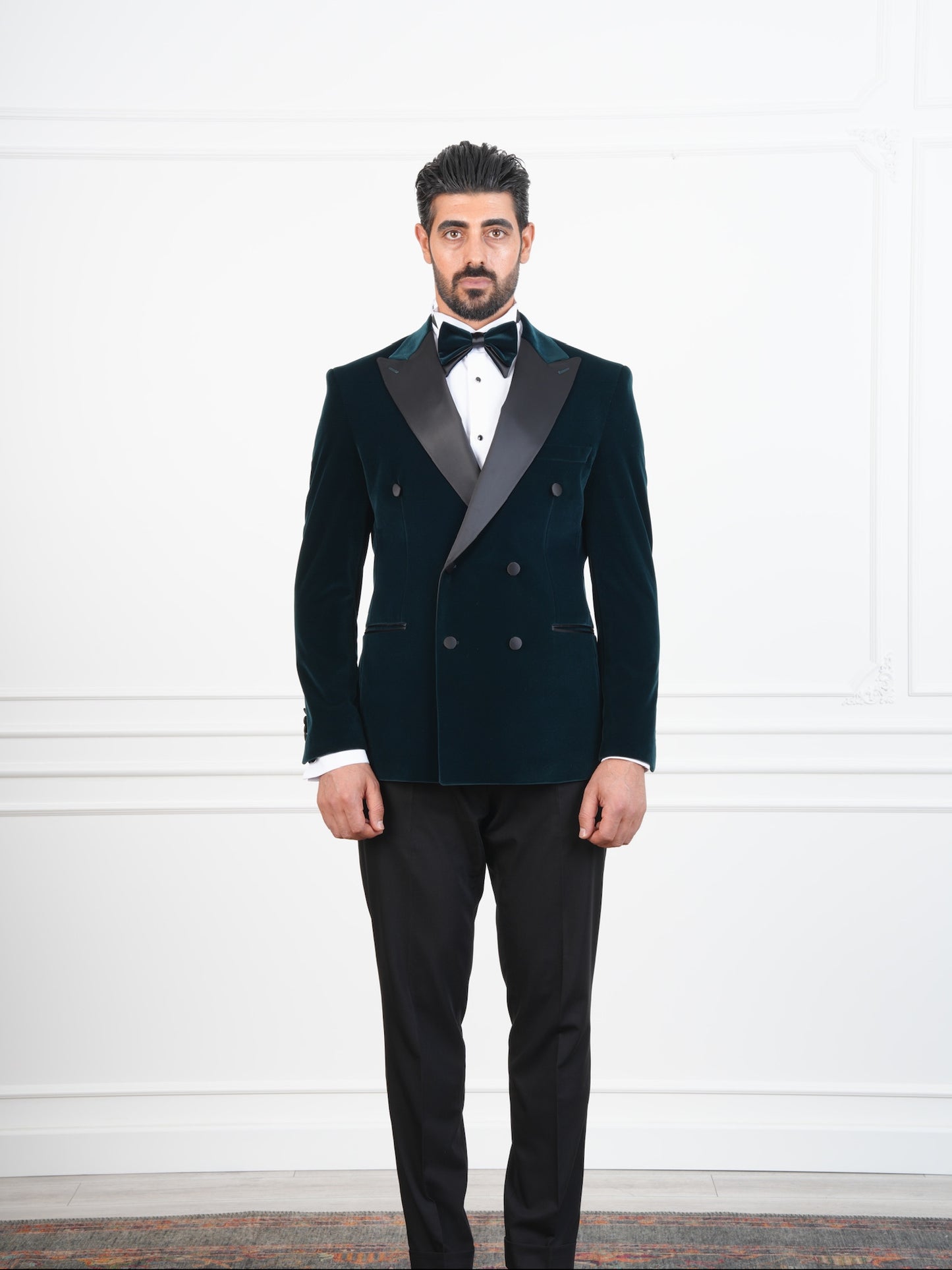 The Viridian – Ocean Green Velvet Double-Breasted Tuxedo with Satin Lapel and Bow Tie