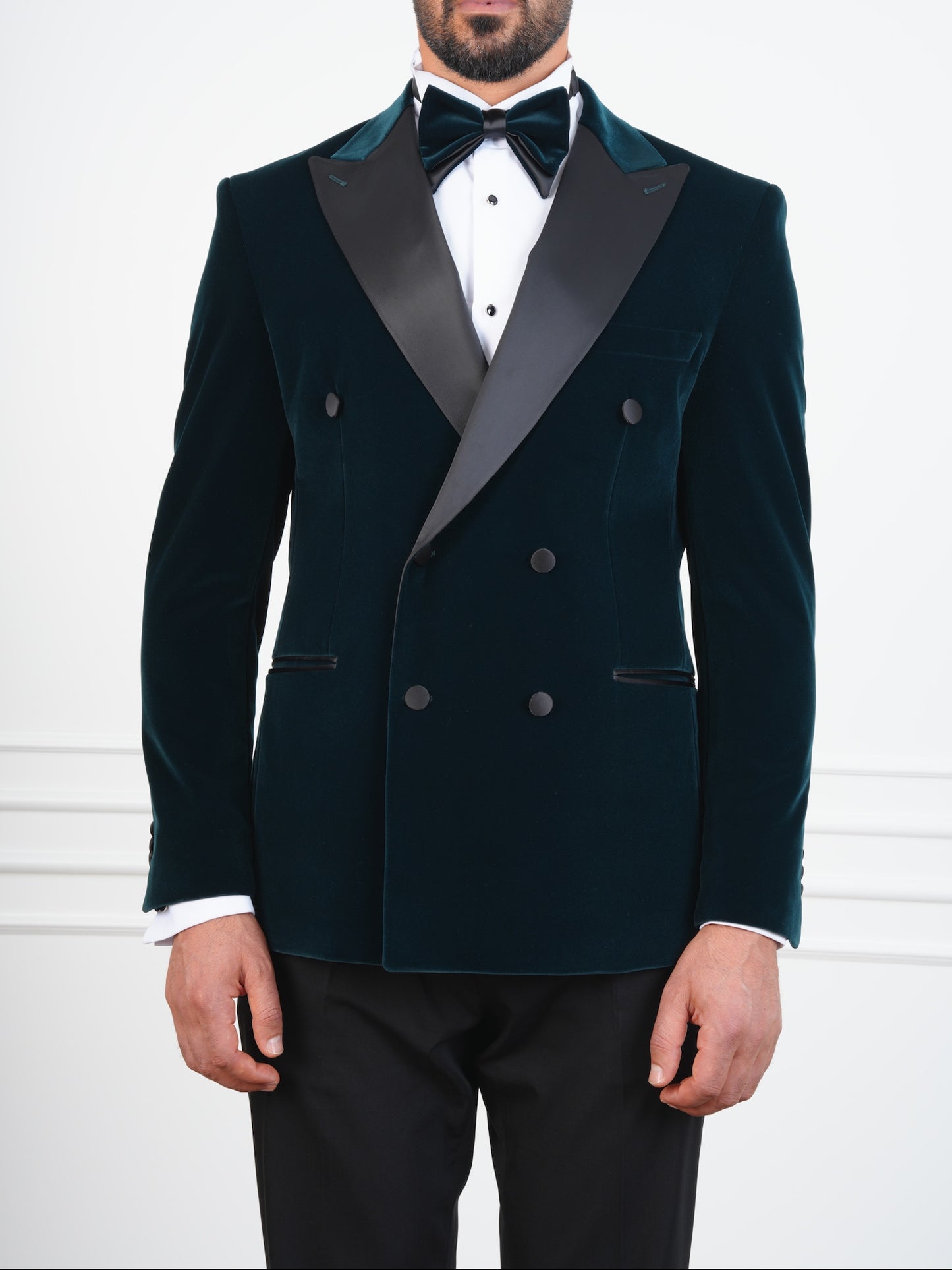 The Viridian – Ocean Green Velvet Double-Breasted Tuxedo with Satin Lapel and Bow Tie