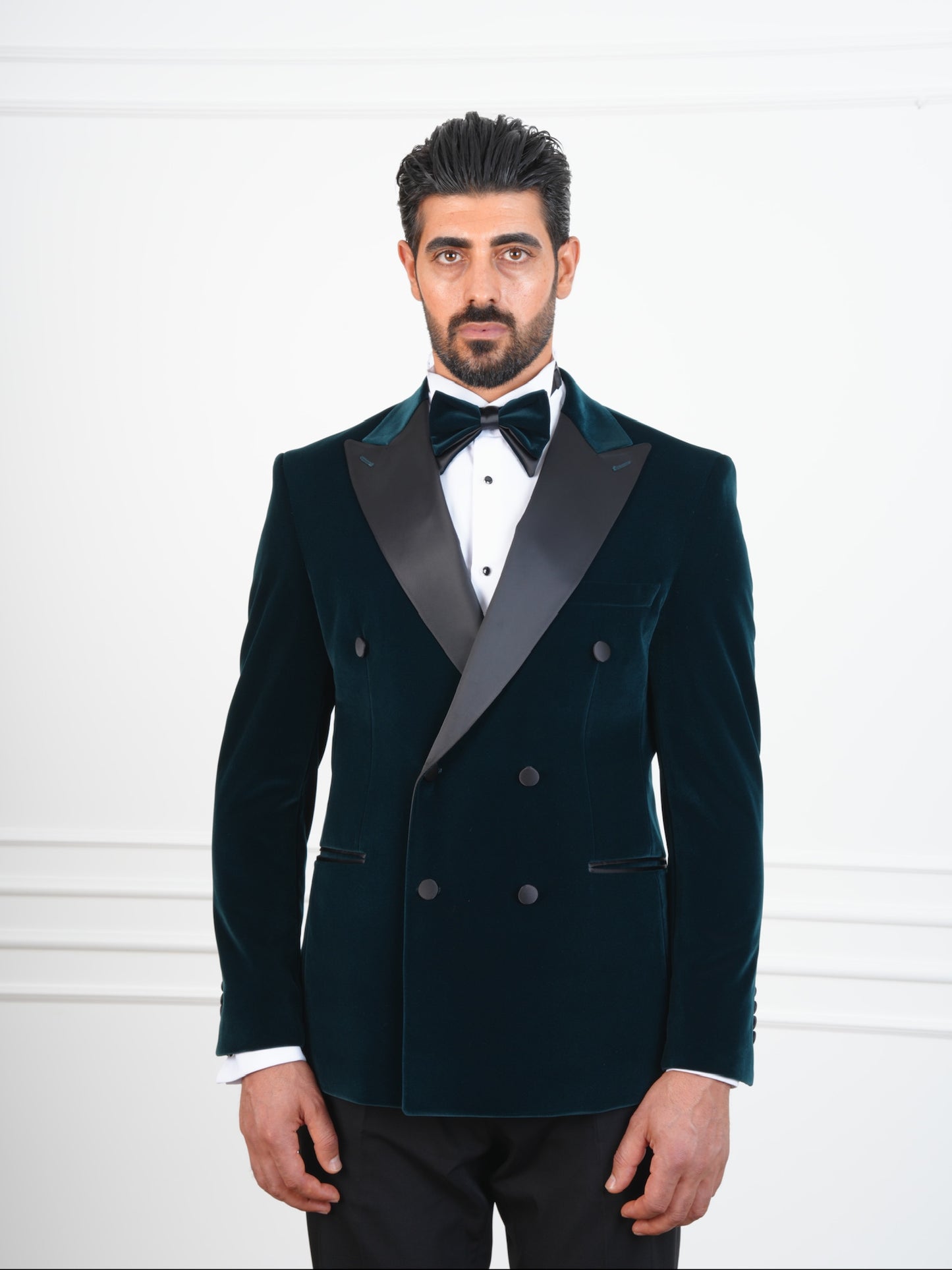 The Viridian – Ocean Green Velvet Double-Breasted Tuxedo with Satin Lapel and Bow Tie