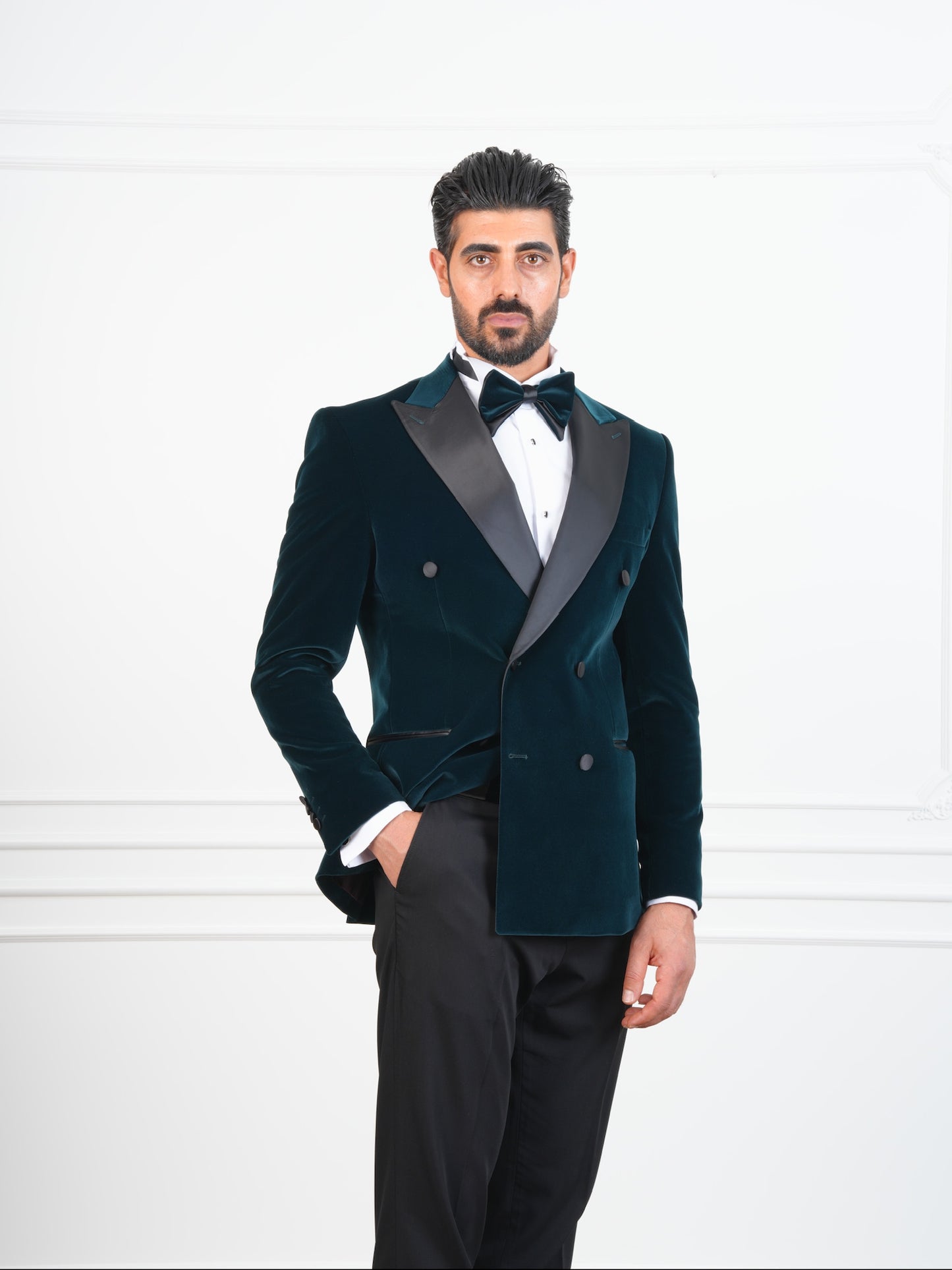 The Viridian – Ocean Green Velvet Double-Breasted Tuxedo with Satin Lapel and Bow Tie