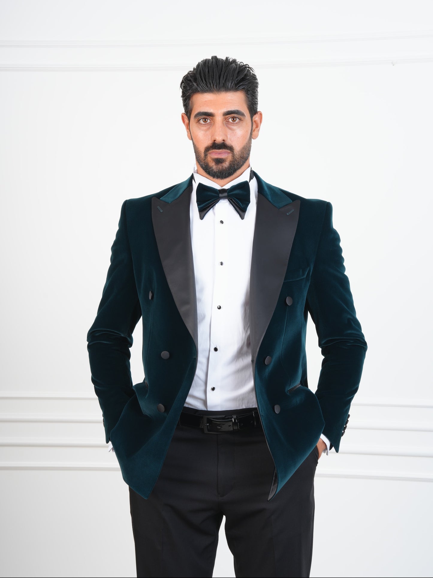 The Viridian – Ocean Green Velvet Double-Breasted Tuxedo with Satin Lapel and Bow Tie