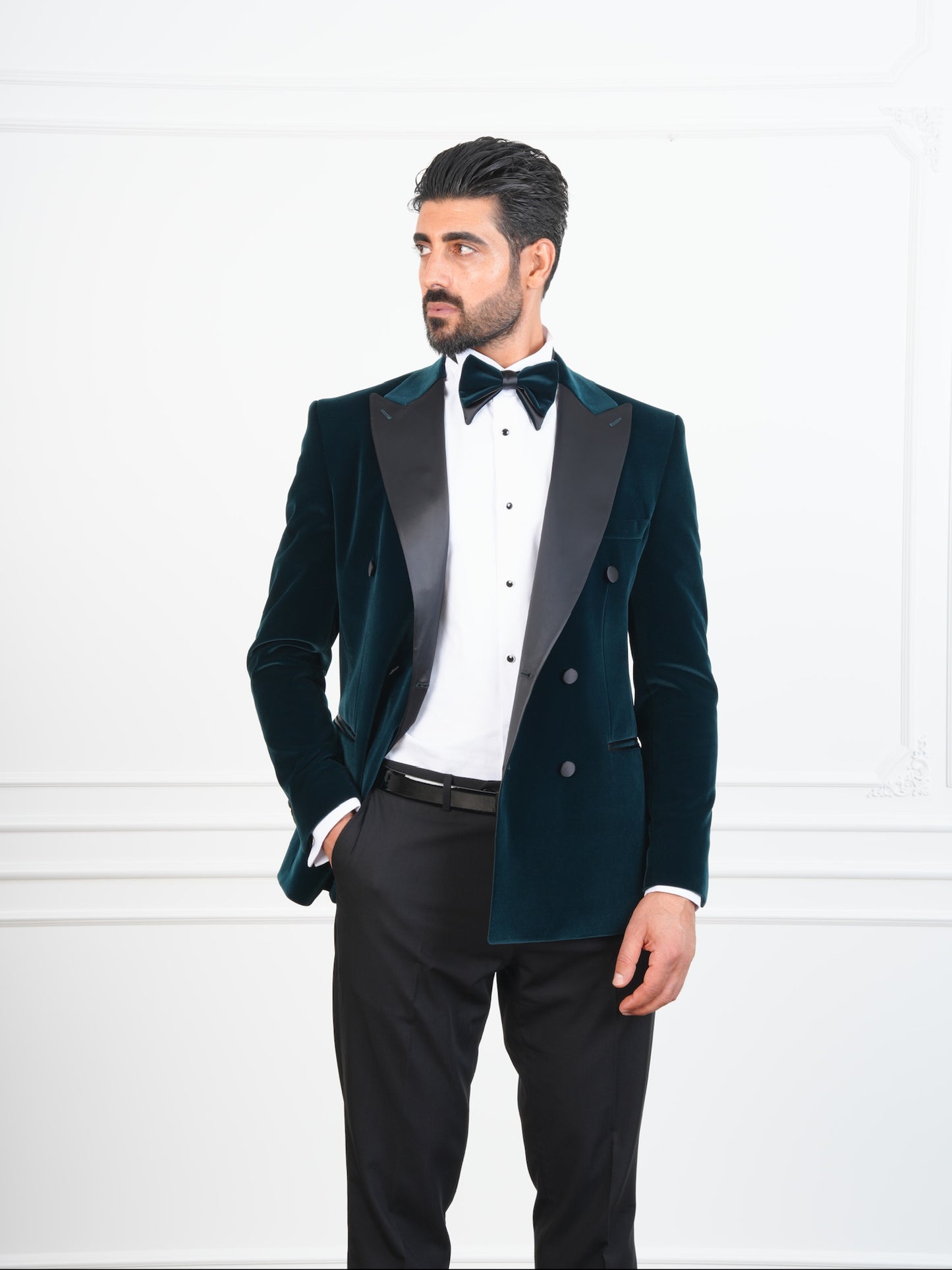 The Viridian – Ocean Green Velvet Double-Breasted Tuxedo with Satin Lapel and Bow Tie