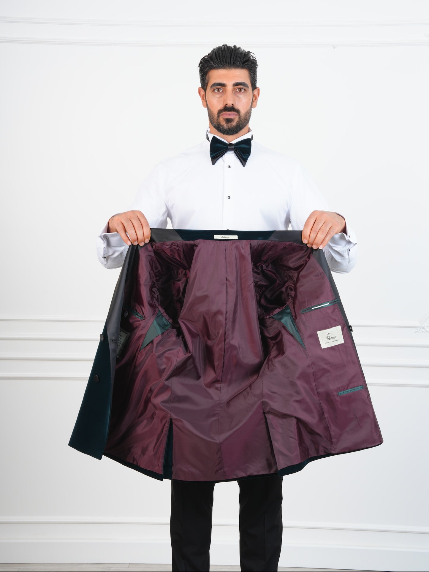 The Viridian – Ocean Green Velvet Double-Breasted Tuxedo with Satin Lapel and Bow Tie