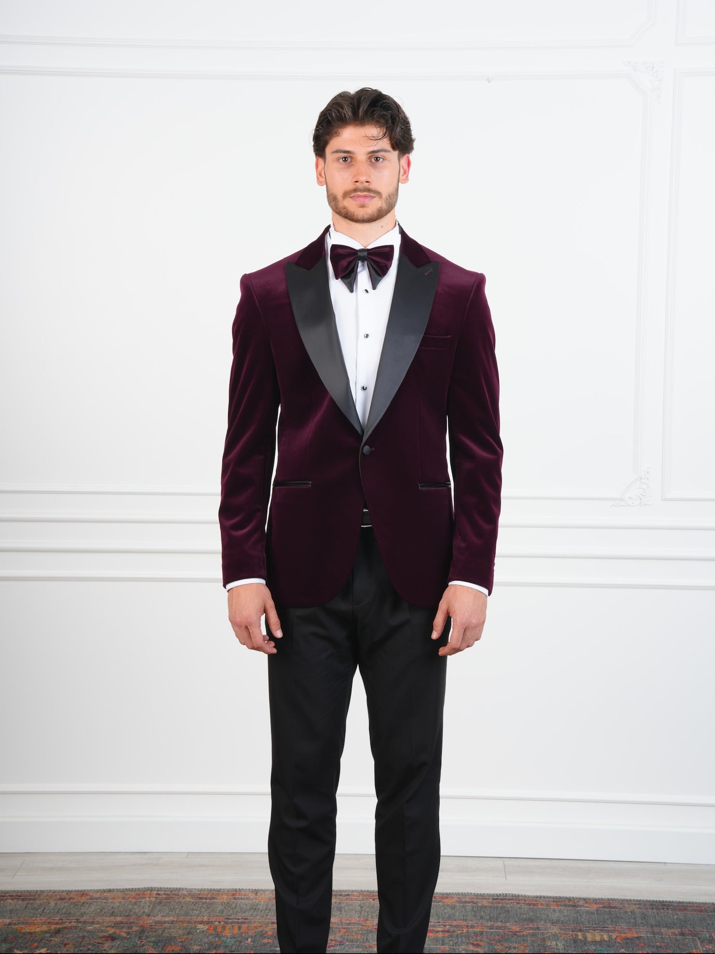 The Ember Noir – Wine Velvet Tuxedo with Black Satin Lapel & Bow Tie, Party Suit for Men