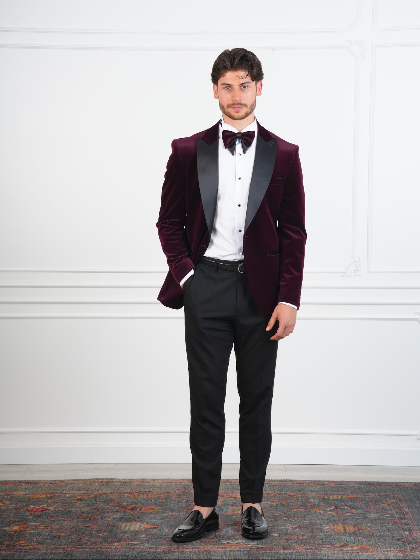 The Ember Noir – Wine Velvet Tuxedo with Black Satin Lapel & Bow Tie, Party Suit for Men