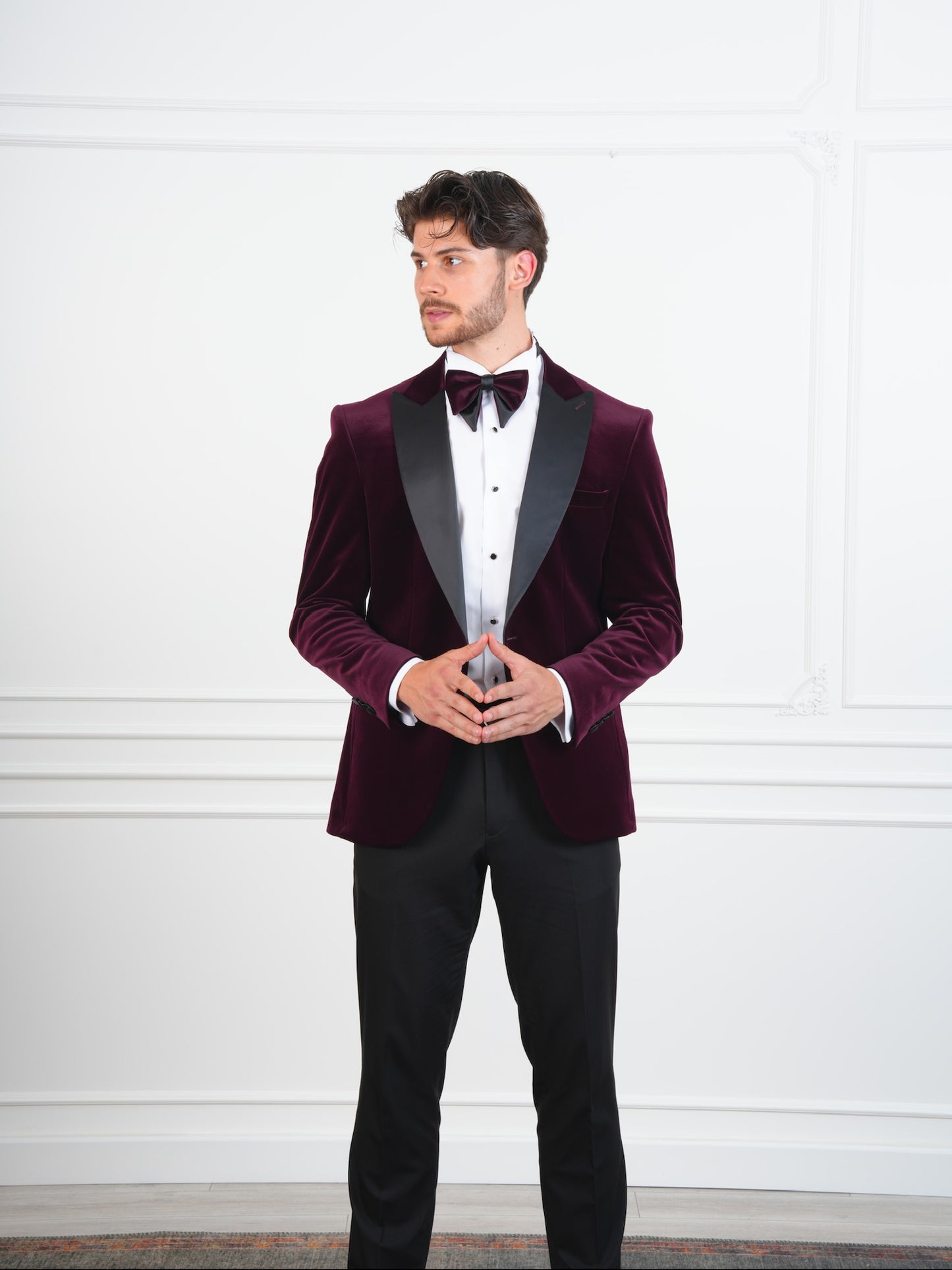 The Ember Noir – Wine Velvet Tuxedo with Black Satin Lapel & Bow Tie, Party Suit for Men