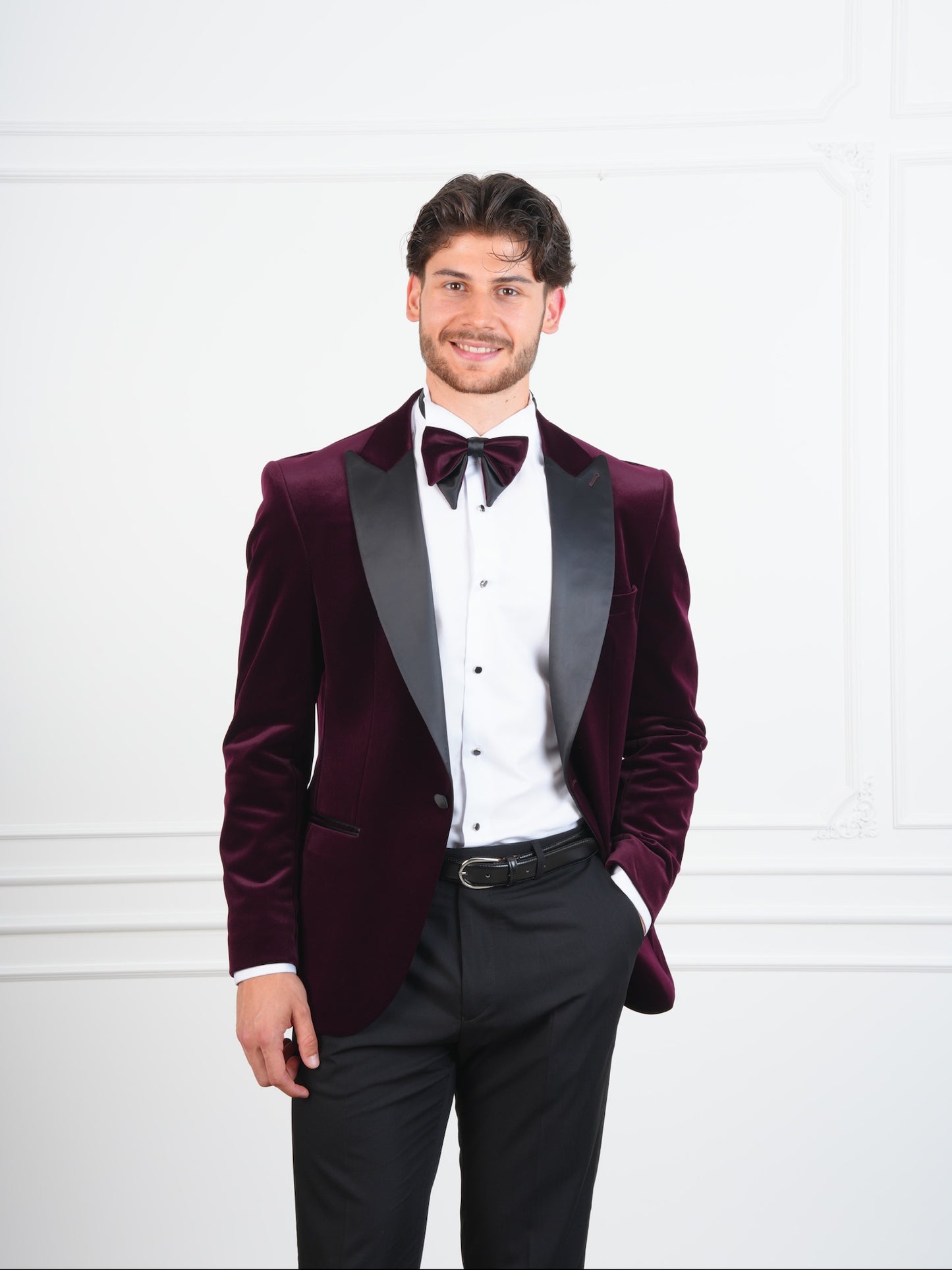 The Ember Noir – Wine Velvet Tuxedo with Black Satin Lapel & Bow Tie, Party Suit for Men