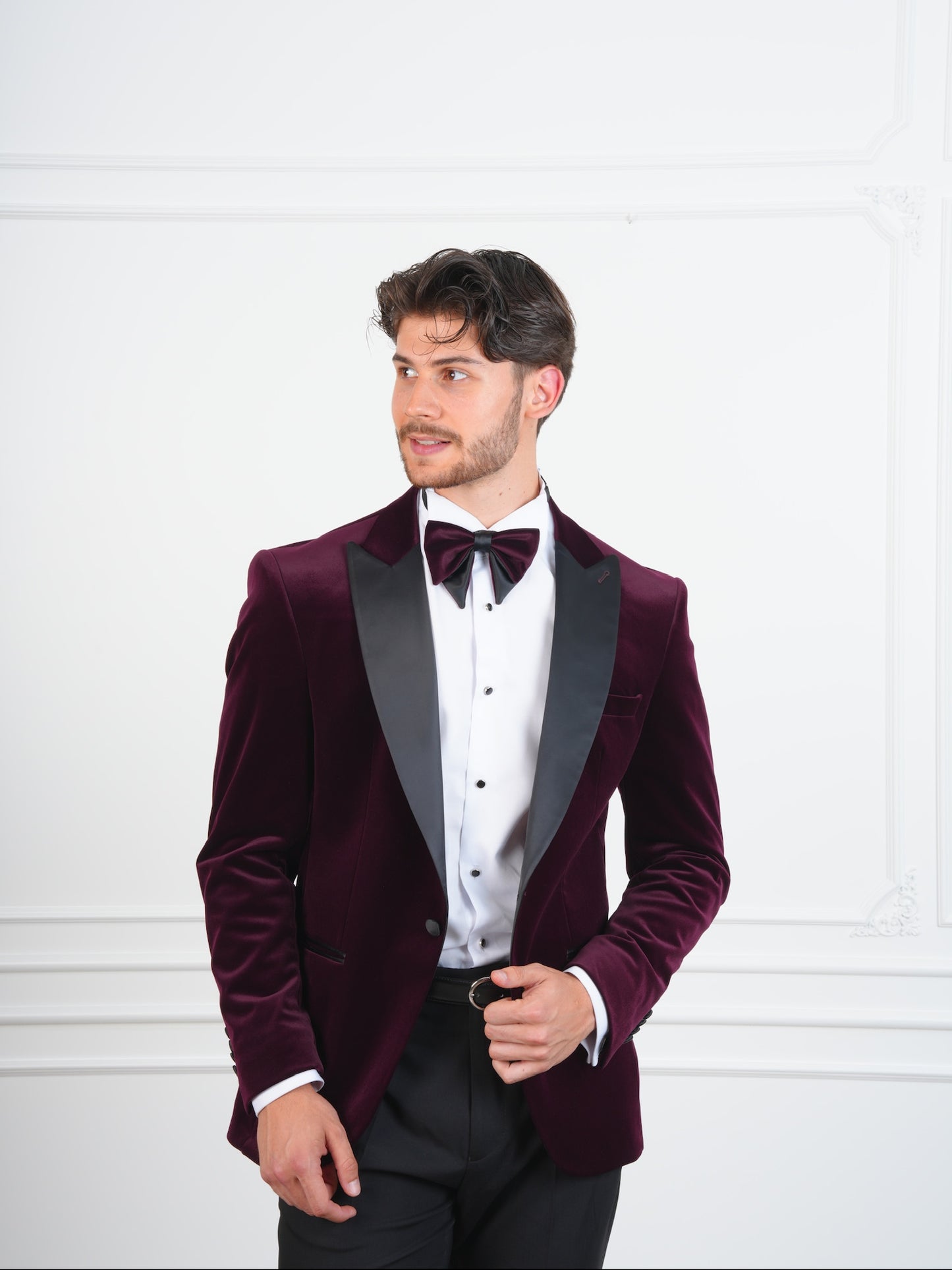 The Ember Noir – Wine Velvet Tuxedo with Black Satin Lapel & Bow Tie, Party Suit for Men