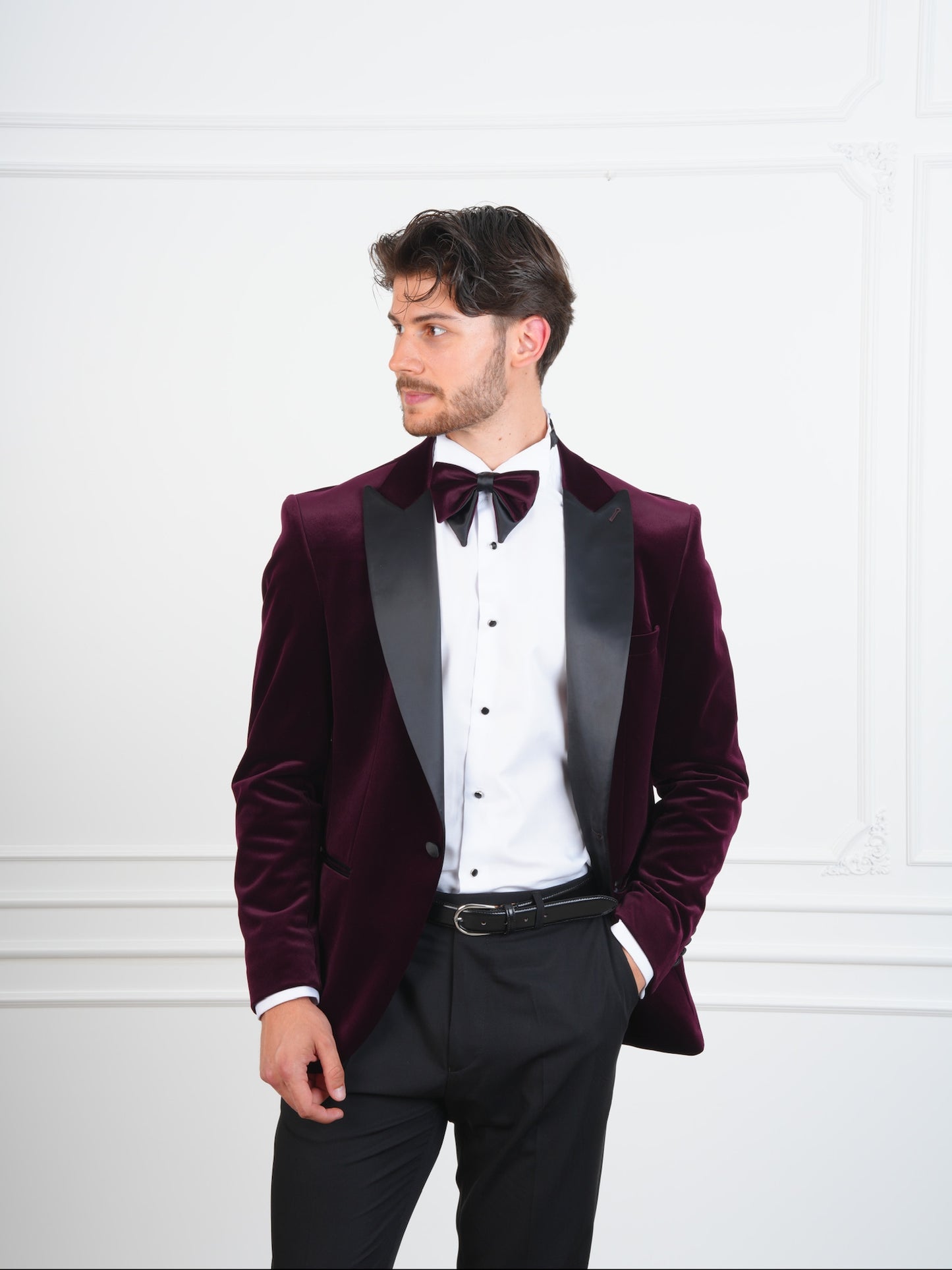 The Ember Noir – Wine Velvet Tuxedo with Black Satin Lapel & Bow Tie, Party Suit for Men