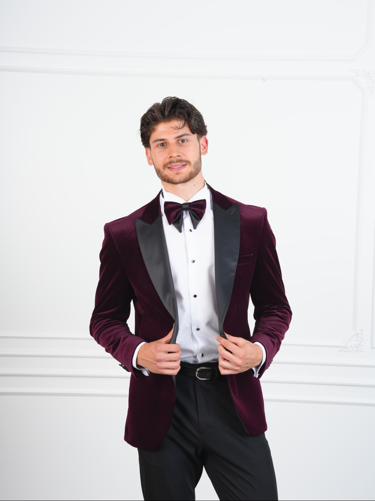 The Ember Noir – Wine Velvet Tuxedo with Black Satin Lapel & Bow Tie, Party Suit for Men