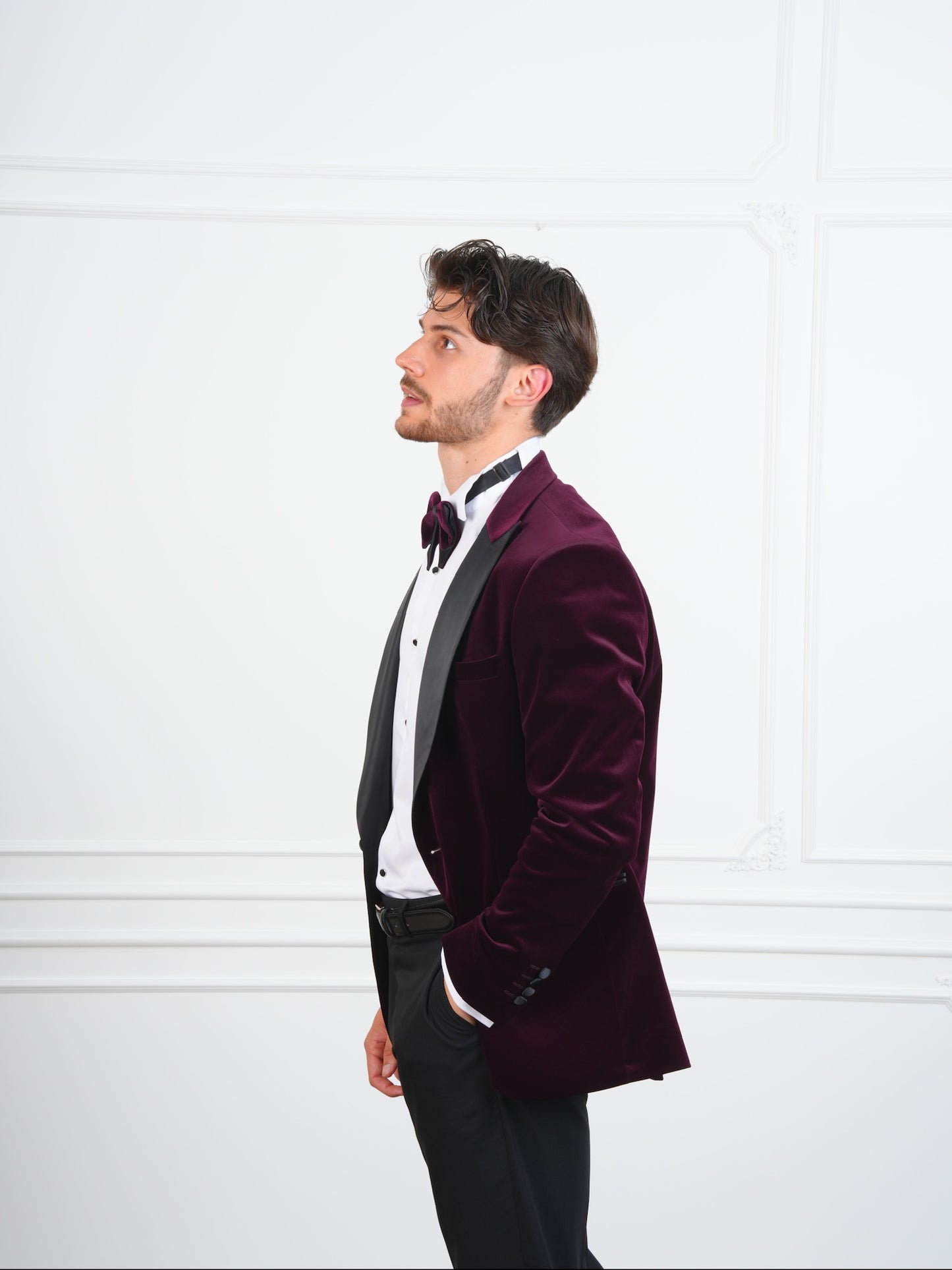 The Ember Noir – Wine Velvet Tuxedo with Black Satin Lapel & Bow Tie, Party Suit for Men