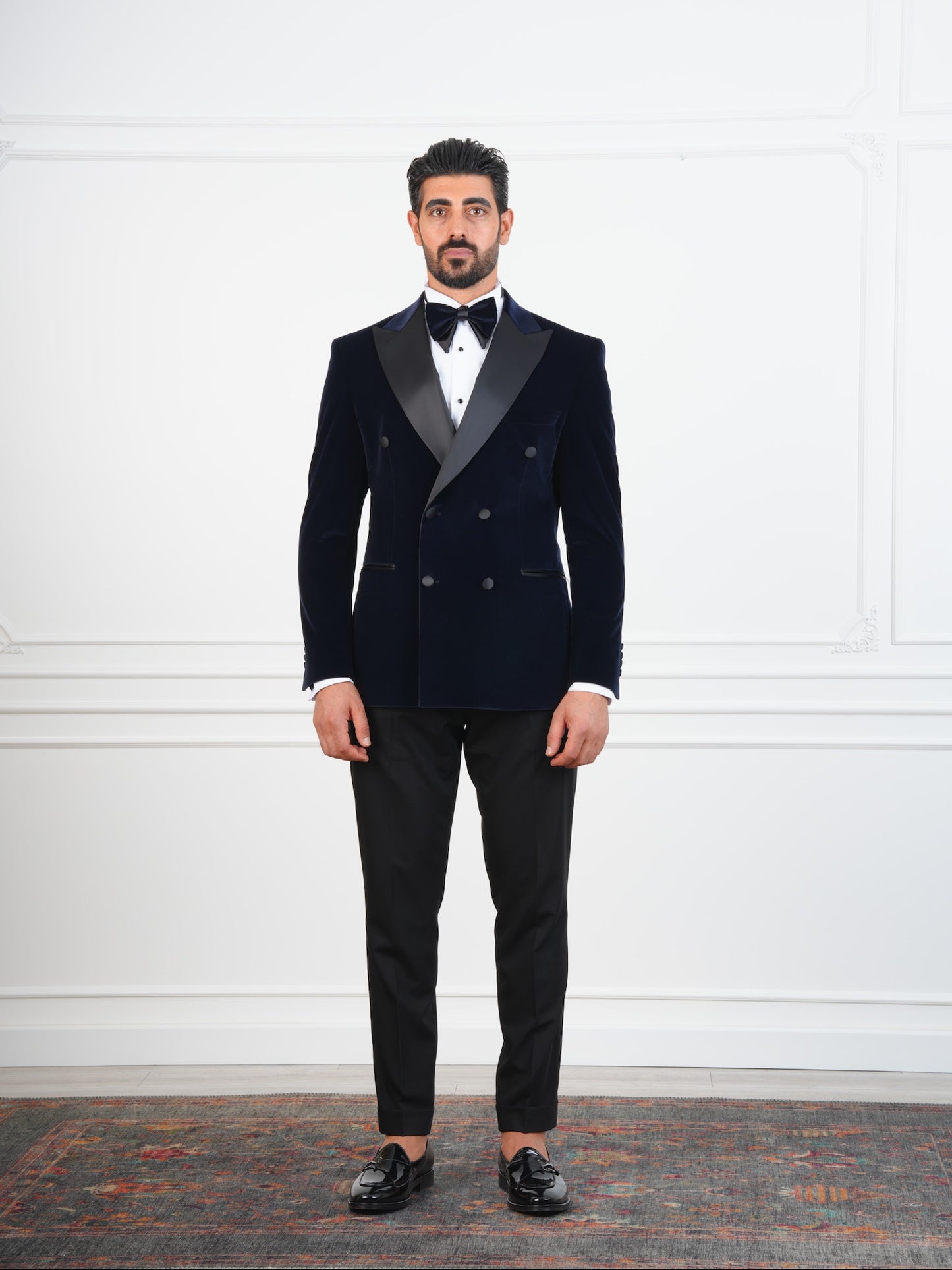 The Dorian – Deep Navy Velvet Double-Breasted Tuxedo with Satin Lapel and Formal Bow Tie