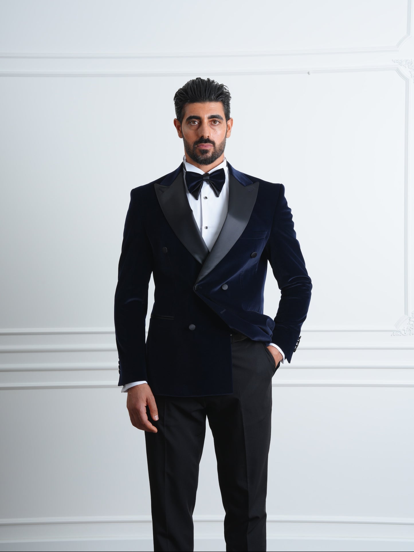 The Dorian – Deep Navy Velvet Double-Breasted Tuxedo with Satin Lapel and Formal Bow Tie