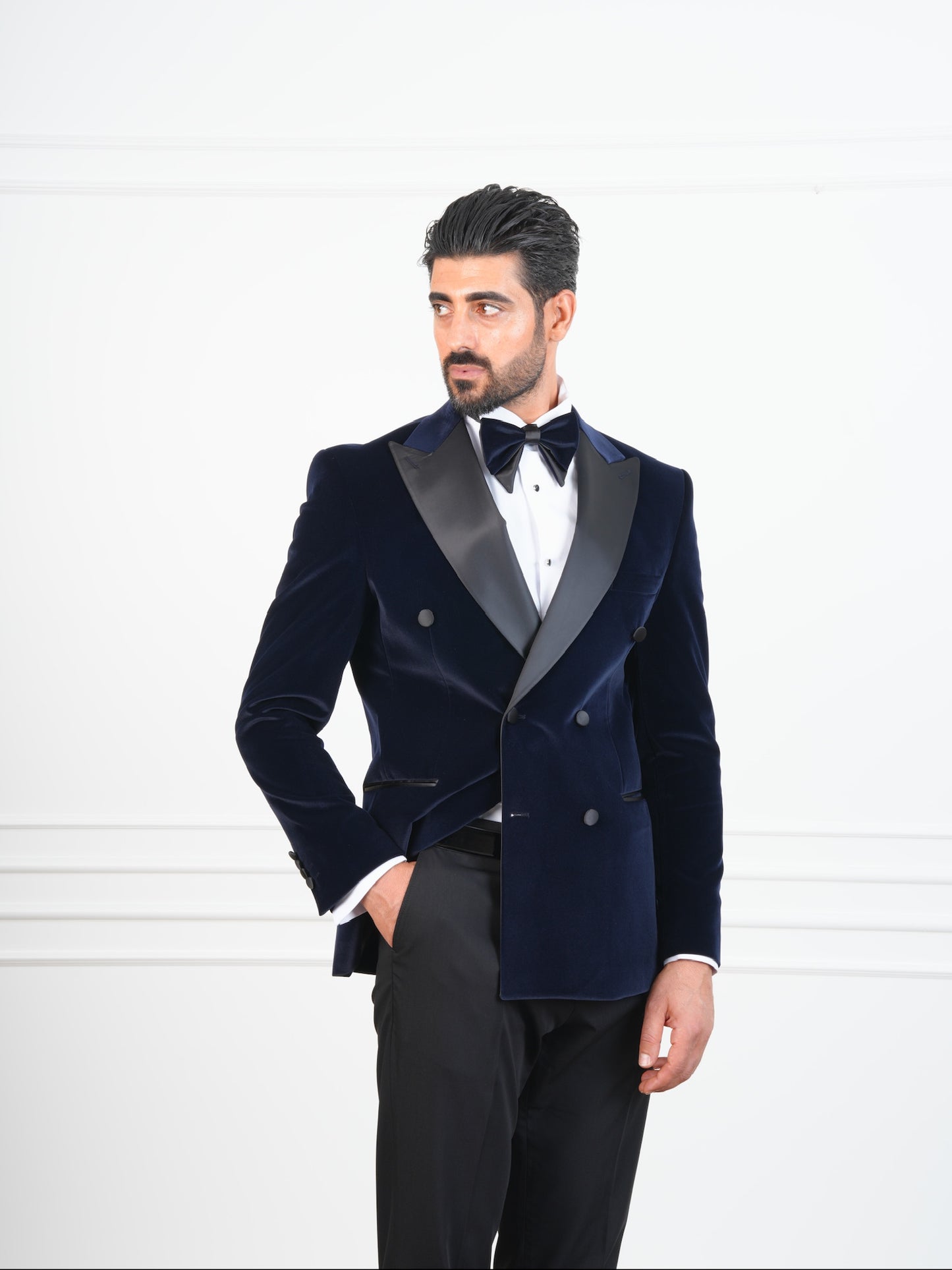 The Dorian – Deep Navy Velvet Double-Breasted Tuxedo with Satin Lapel and Formal Bow Tie
