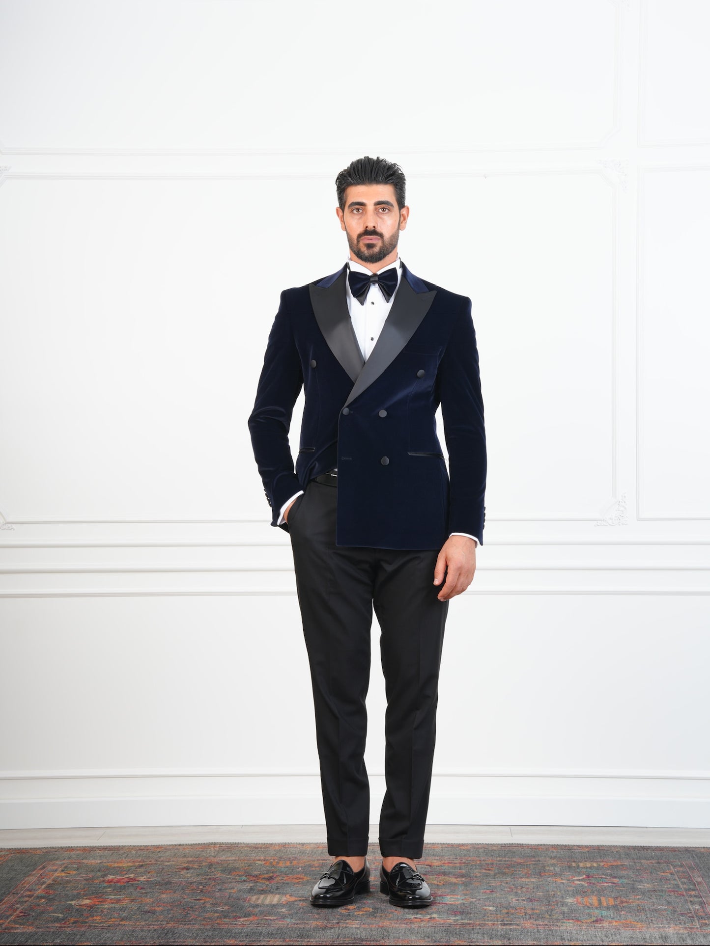 The Dorian – Deep Navy Velvet Double-Breasted Tuxedo with Satin Lapel and Formal Bow Tie